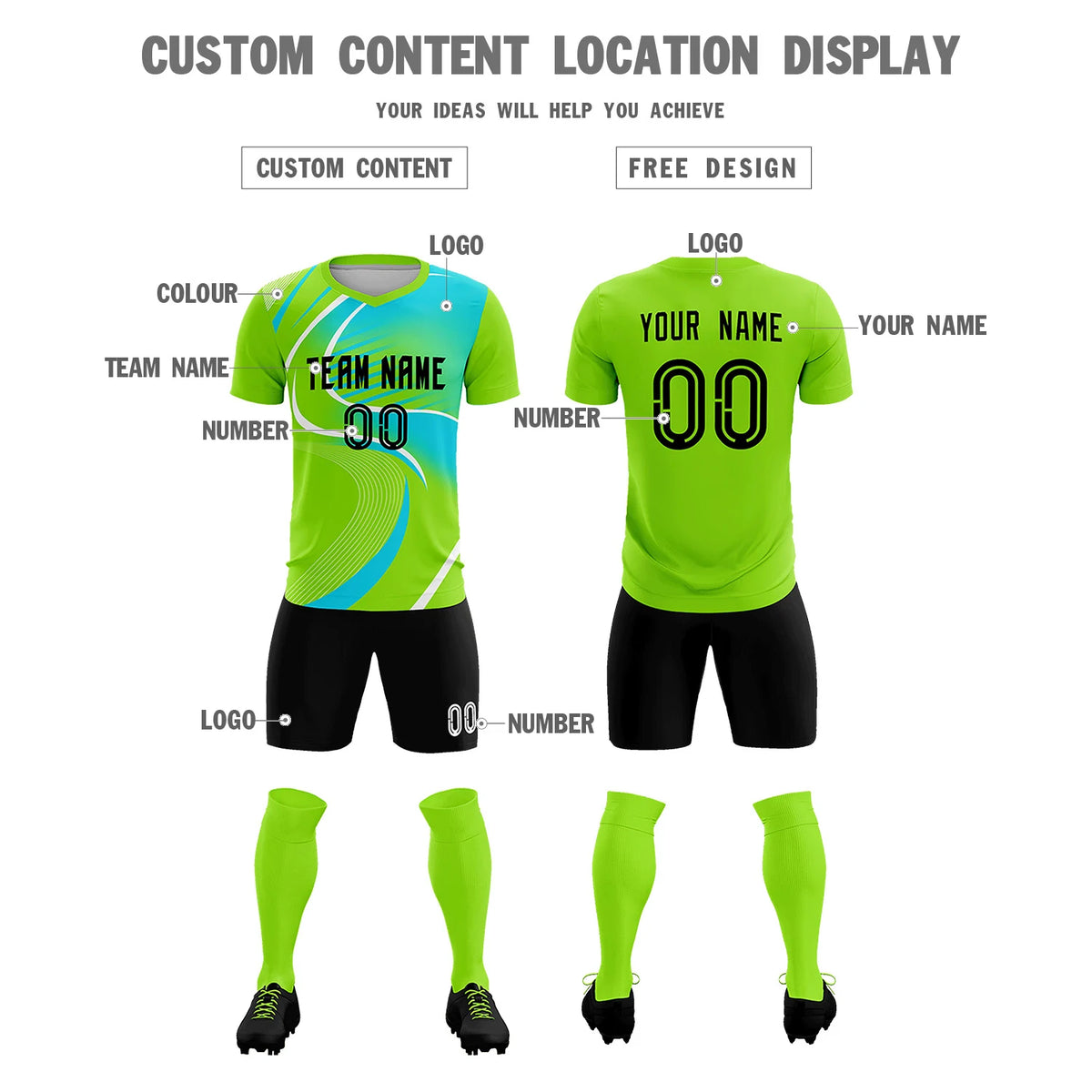 Custom Neon Green White-Sky Blue Casual Printing Sportswear Soccer Sets Jersey