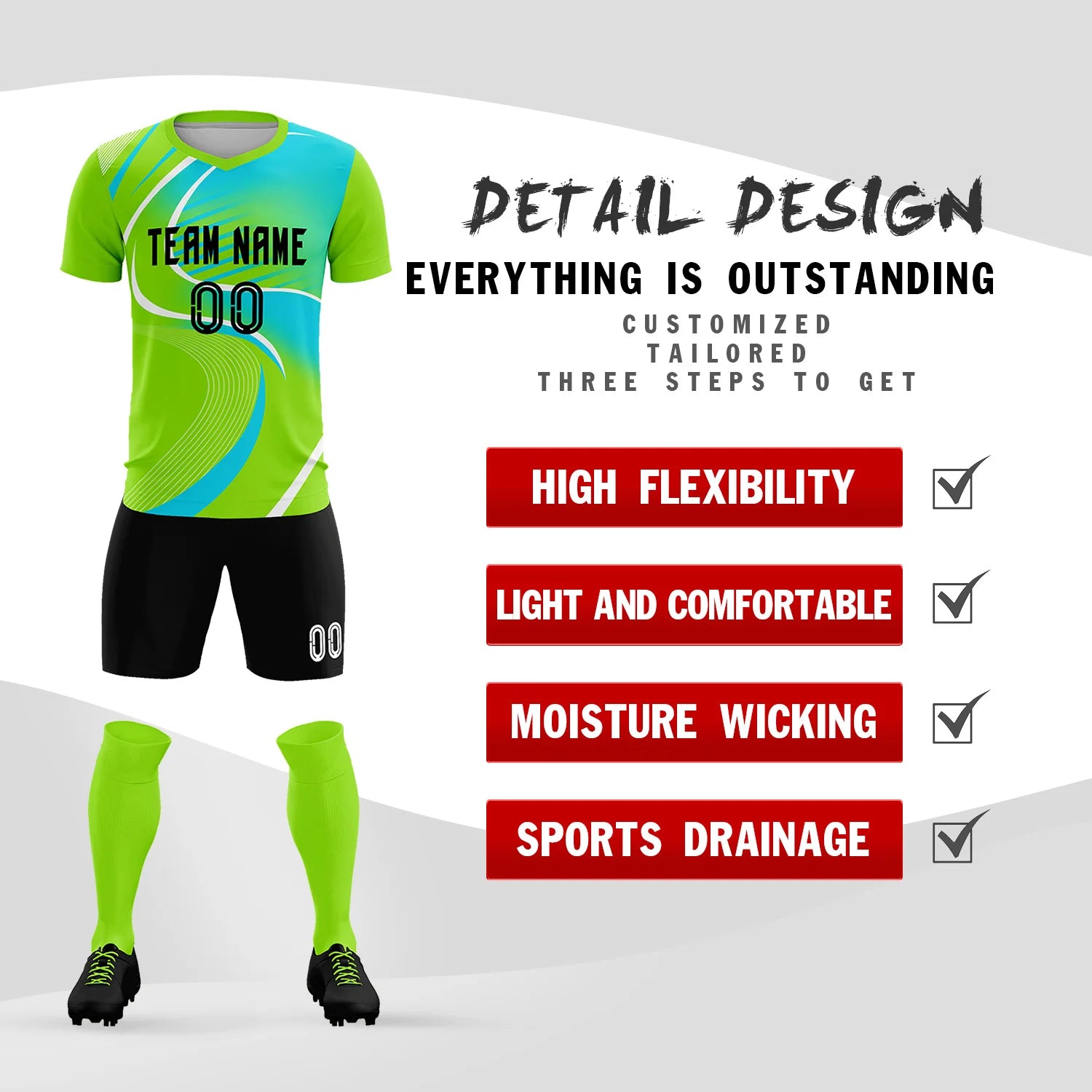 Custom Neon Green White-Sky Blue Casual Printing Sportswear Soccer Sets Jersey