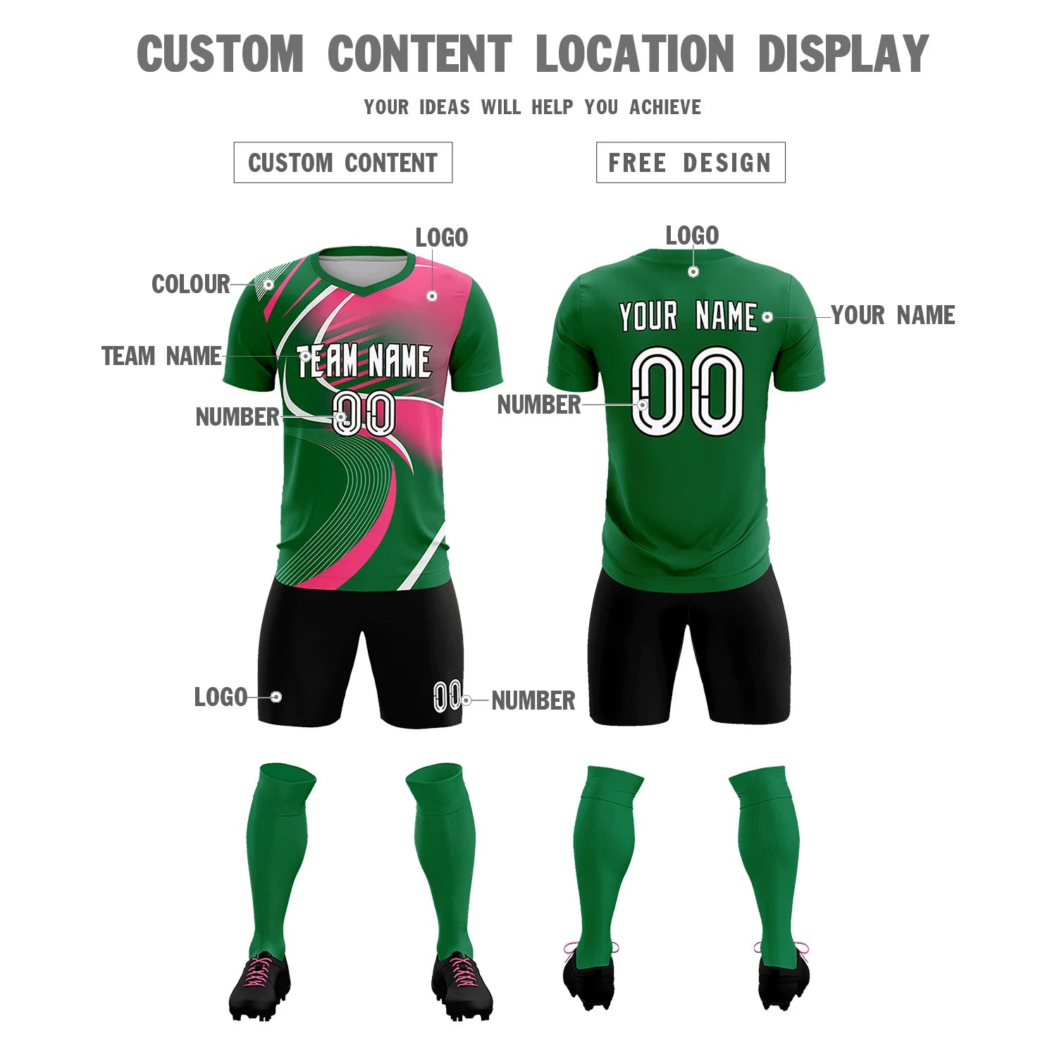 Custom Kelly Green White-Pink Casual Printing Sportswear Soccer Sets Jersey