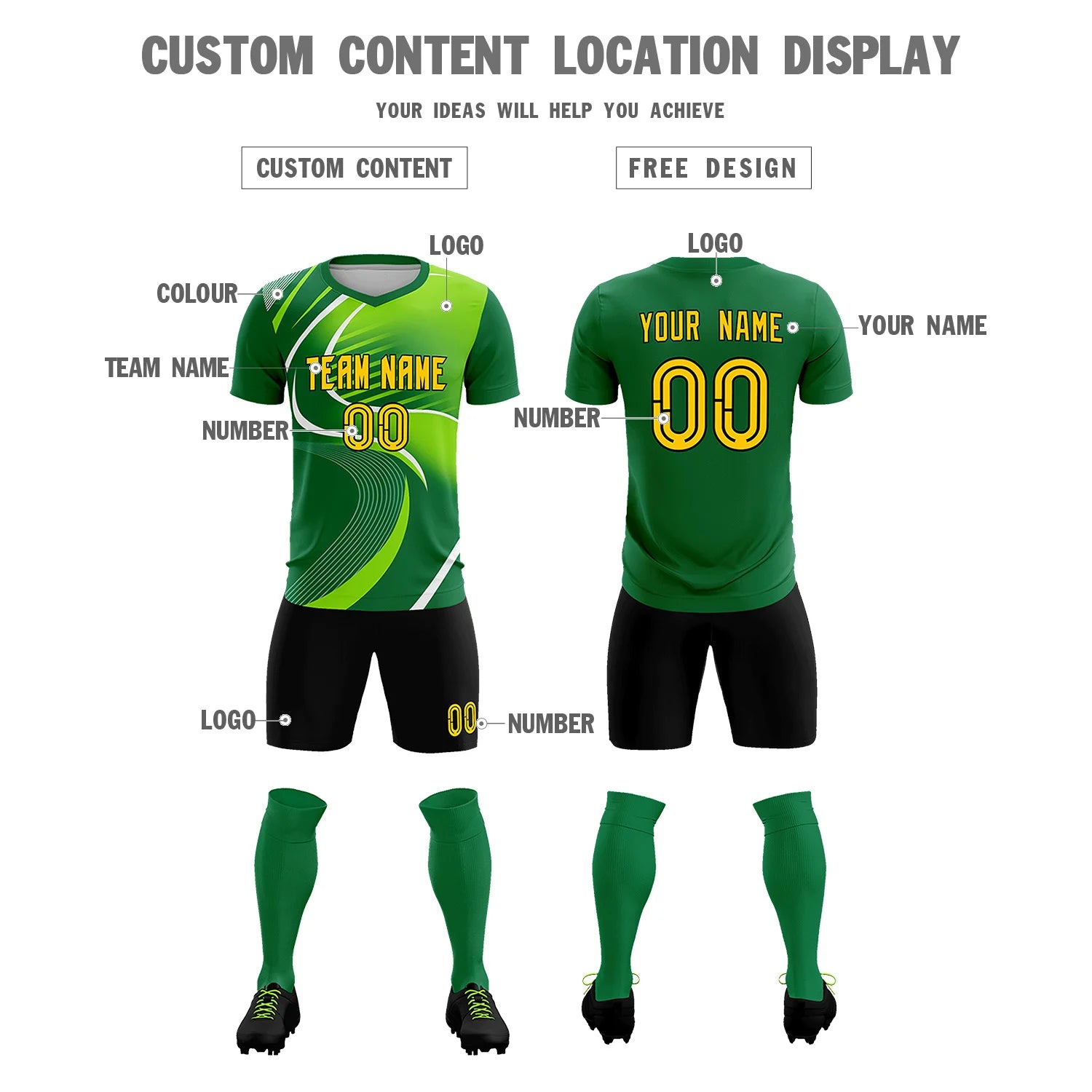 Custom Kelly Green White-Neon Green Casual Printing Sportswear Soccer Sets Jersey
