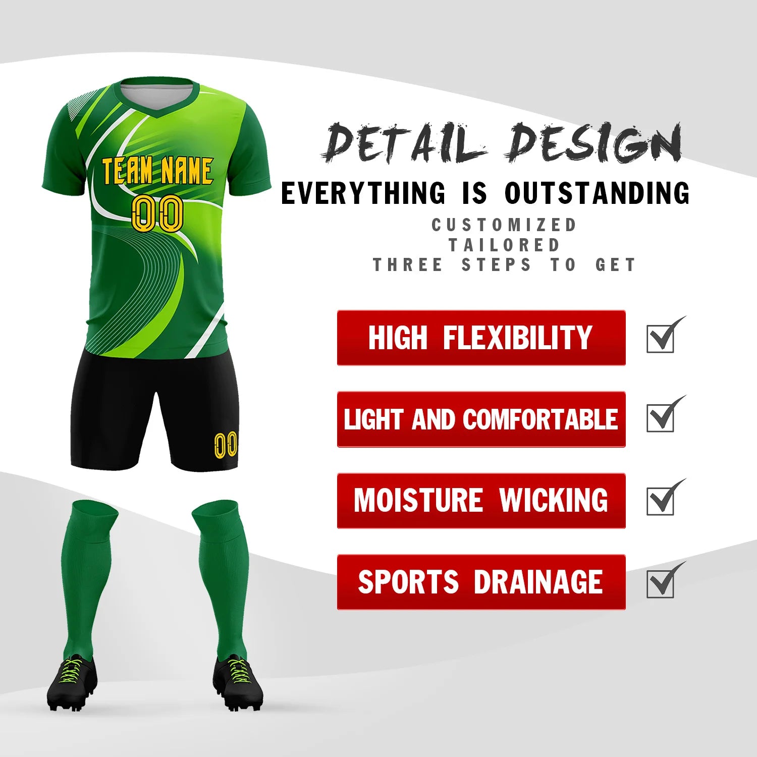 Custom Kelly Green White-Neon Green Casual Printing Sportswear Soccer Sets Jersey