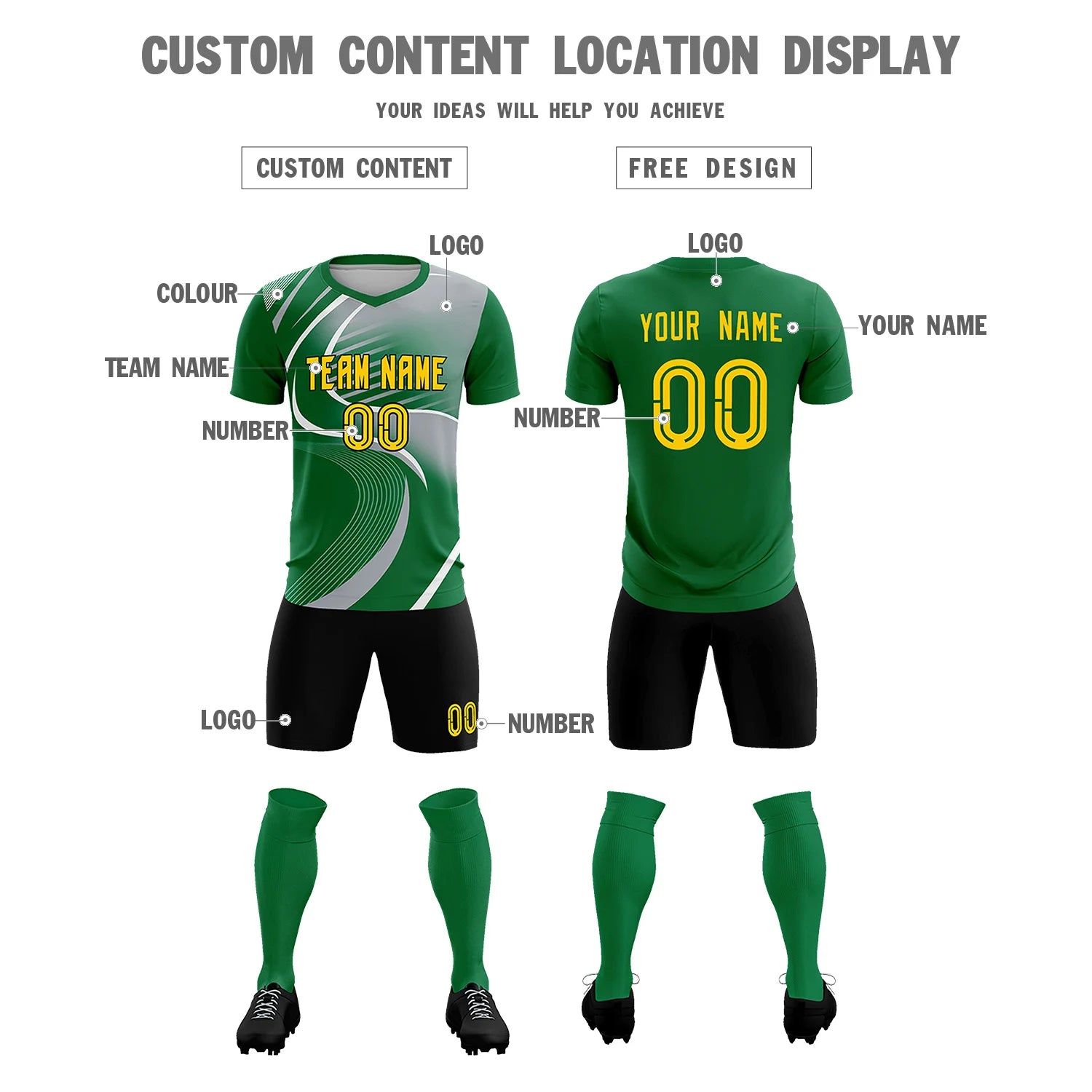 Custom Kelly Green White-Gray Casual Printing Sportswear Soccer Sets Jersey
