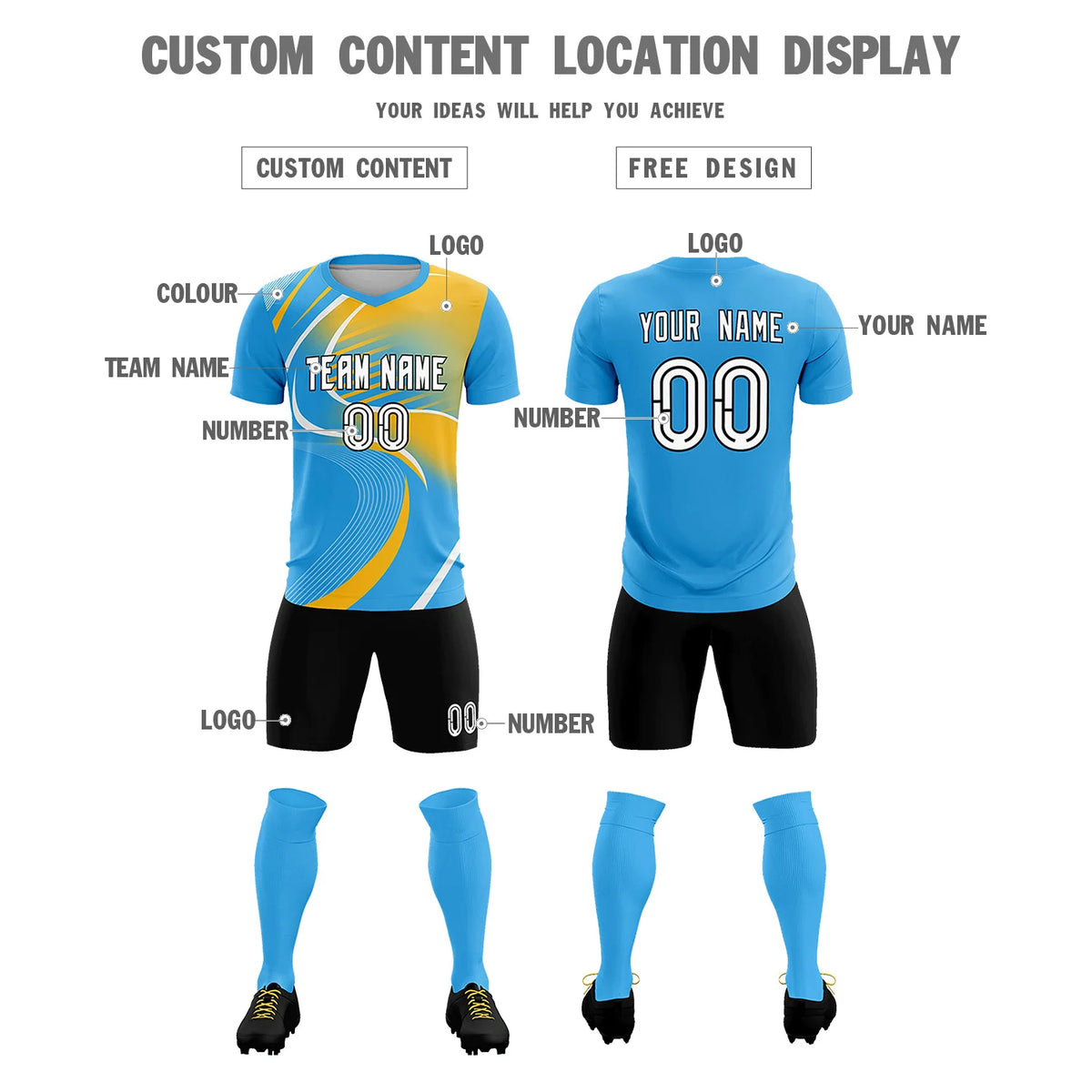 Custom Powder Blue White-Gold01 Casual Printing Sportswear Soccer Sets Jersey