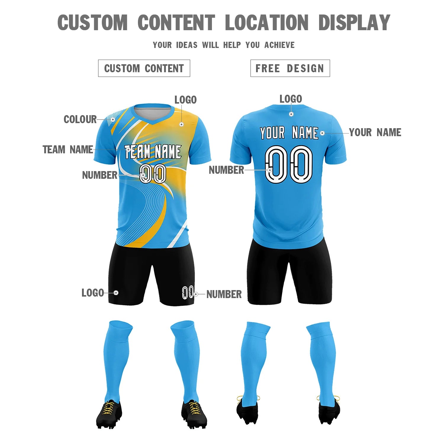 Custom Powder Blue White-Gold01 Casual Printing Sportswear Soccer Sets Jersey
