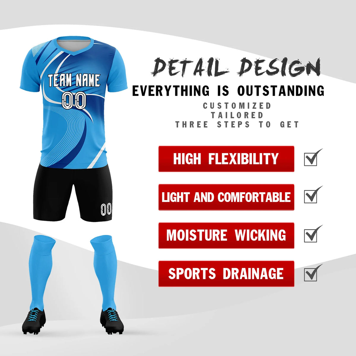 Custom Powder Blue White-Navy Casual Printing Sportswear Soccer Sets Jersey