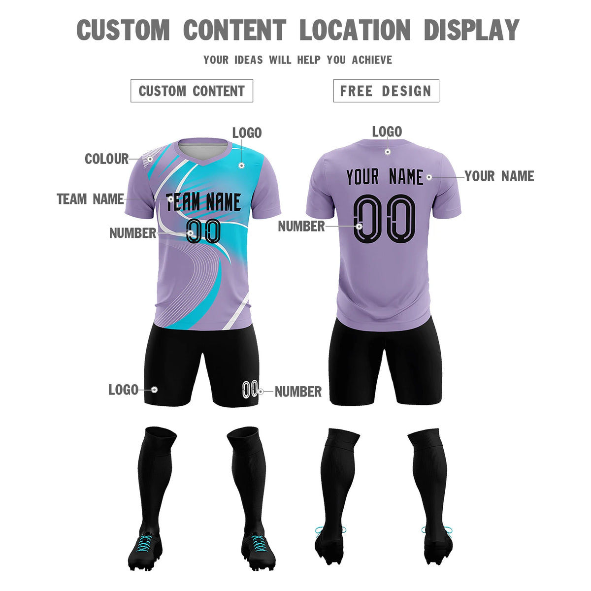 Custom Light Purple White-Sky Blue Casual Printing Sportswear Soccer Sets Jersey