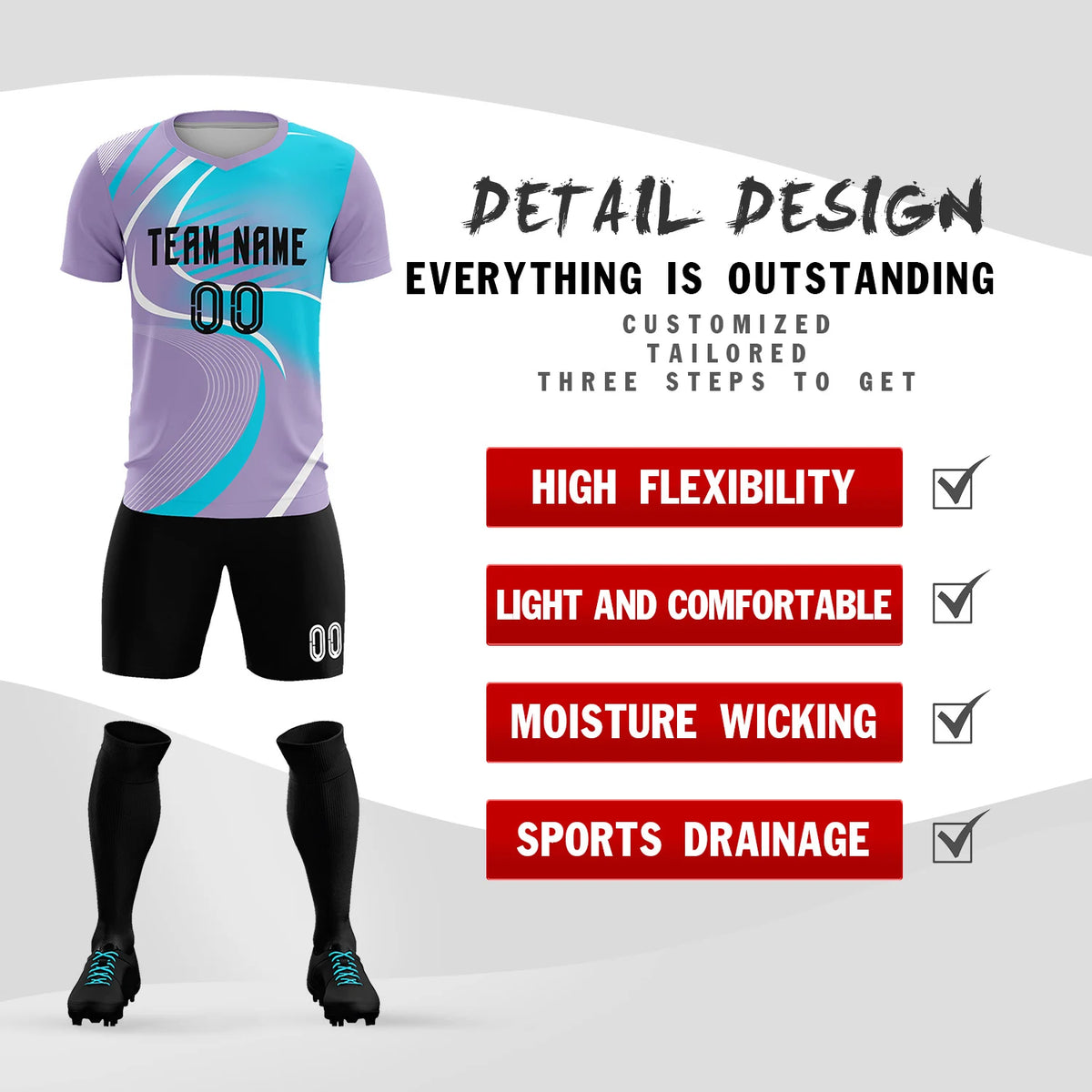 Custom Light Purple White-Sky Blue Casual Printing Sportswear Soccer Sets Jersey