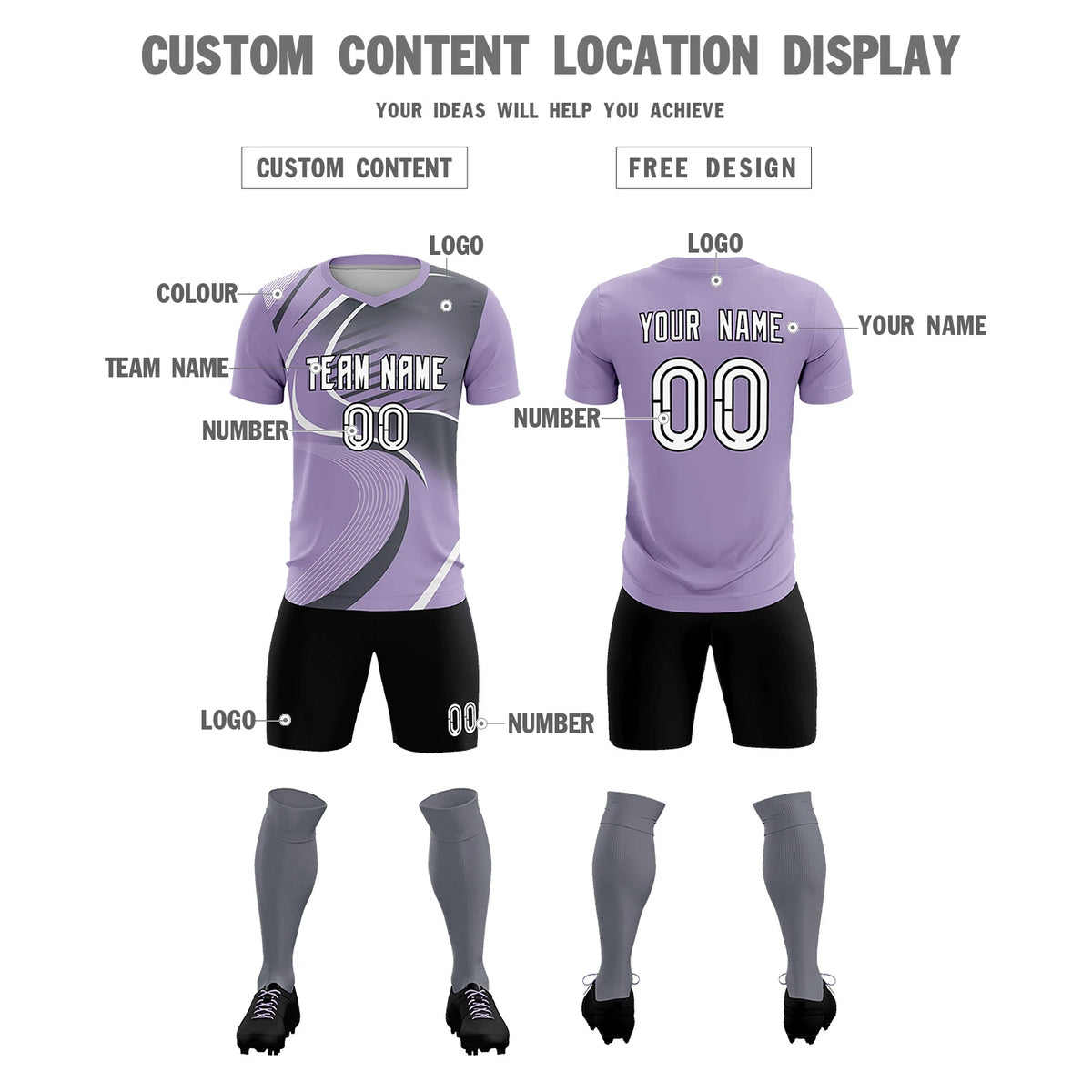 Custom Light Purple White-Gray Casual Printing Sportswear Soccer Sets Jersey