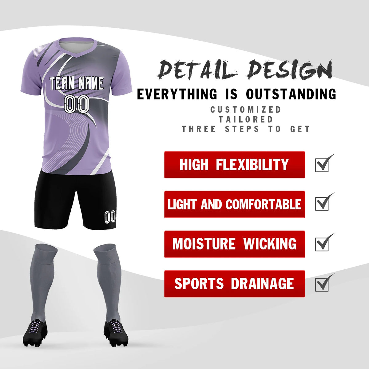 Custom Light Purple White-Gray Casual Printing Sportswear Soccer Sets Jersey