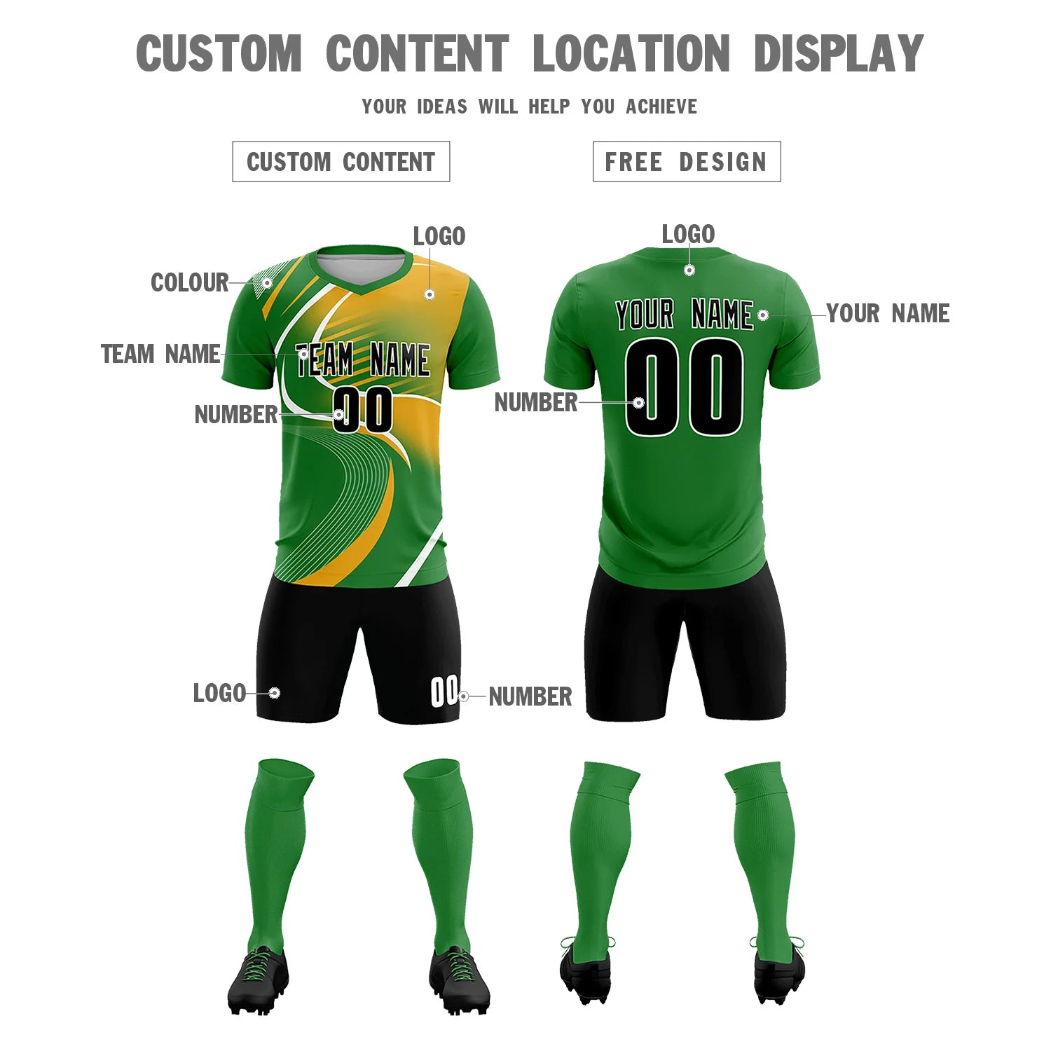 Custom Kelly Green White-Yellow Casual Printing Sportswear Soccer Sets Jersey