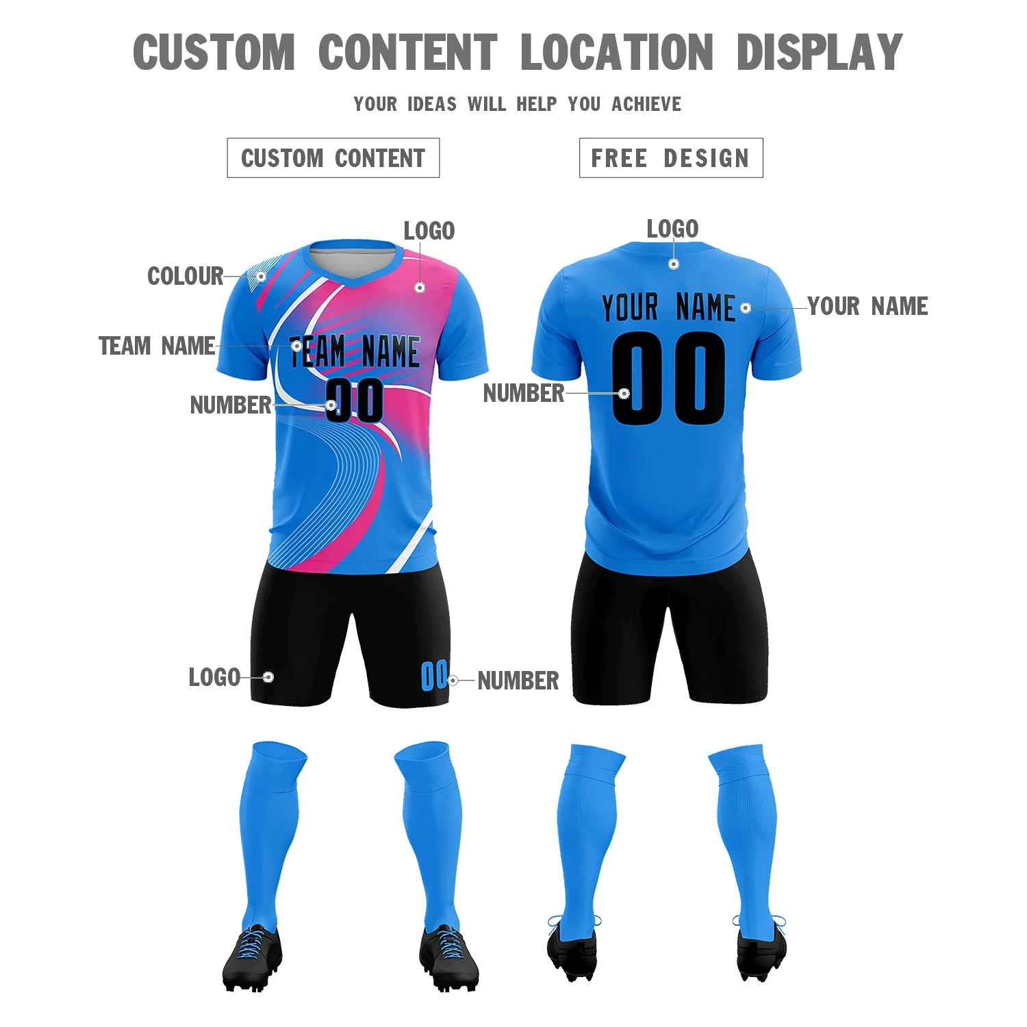 Custom Powder Blue White-Pink Casual Printing Sportswear Soccer Sets Jersey