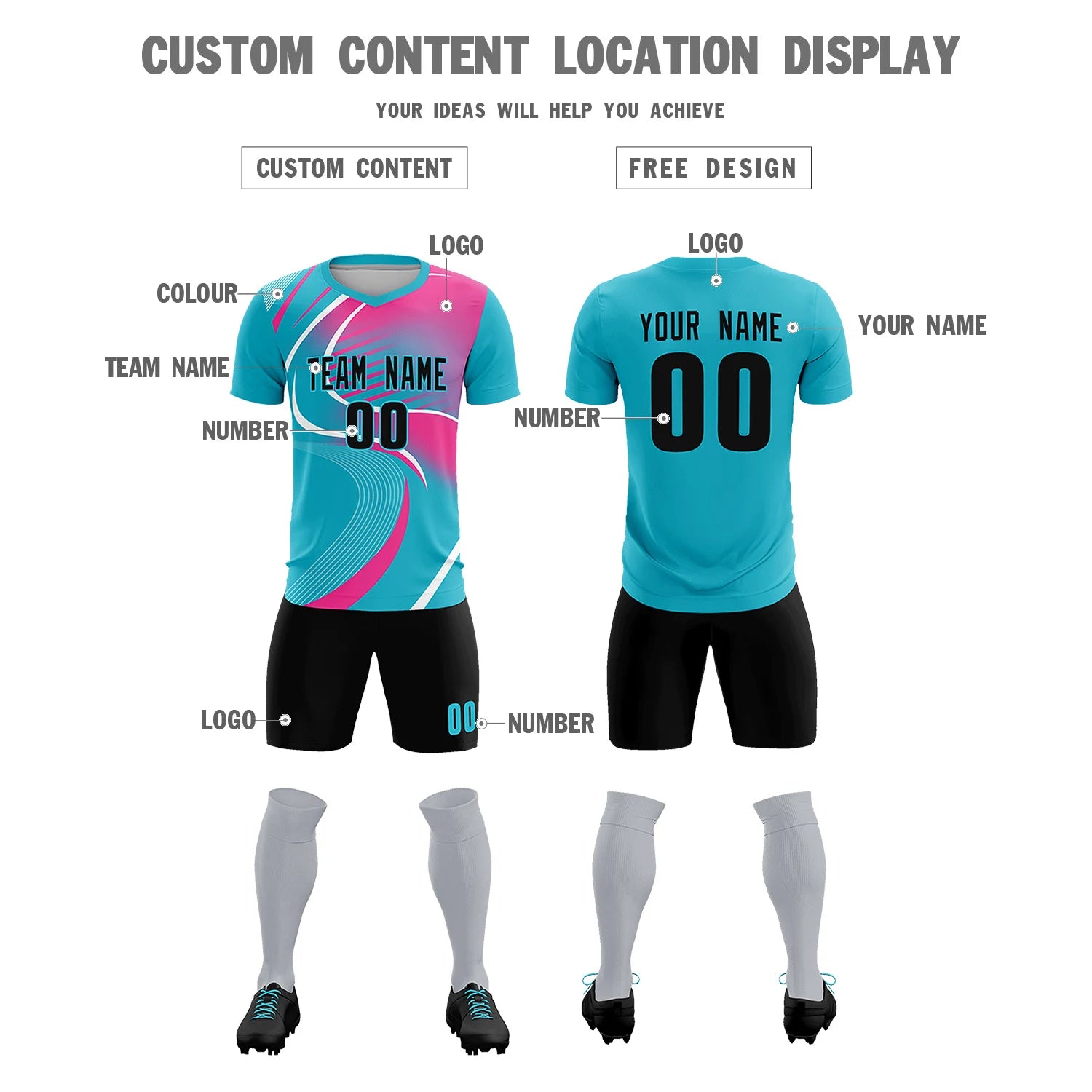 Custom Aqua White-Pink Casual Printing Sportswear Soccer Sets Jersey