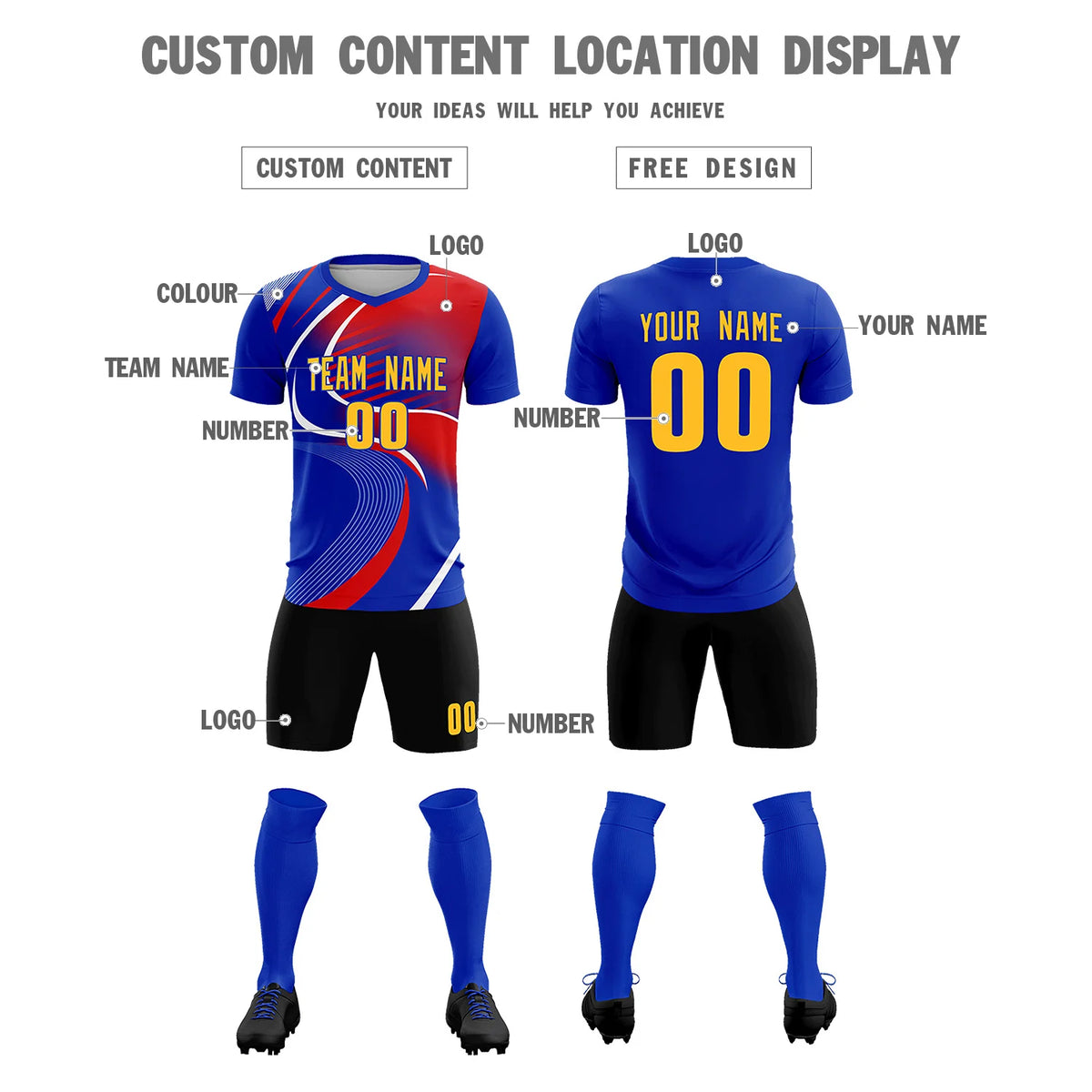 Custom Royal Blue White-Red Casual Printing Sportswear Soccer Sets Jersey