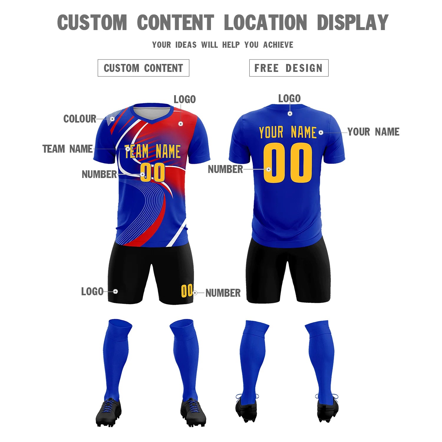 Custom Royal Blue White-Red Casual Printing Sportswear Soccer Sets Jersey
