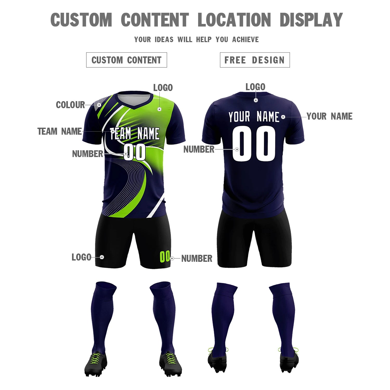 Custom Navy White-Neon Green Casual Printing Sportswear Soccer Sets Jersey
