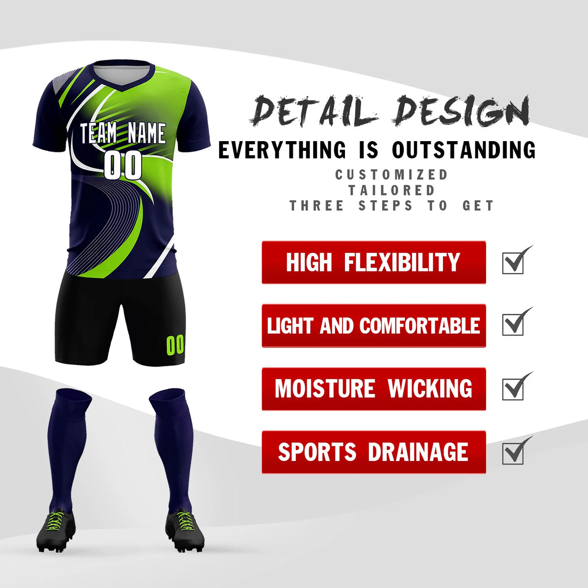 Custom Navy White-Neon Green Casual Printing Sportswear Soccer Sets Jersey