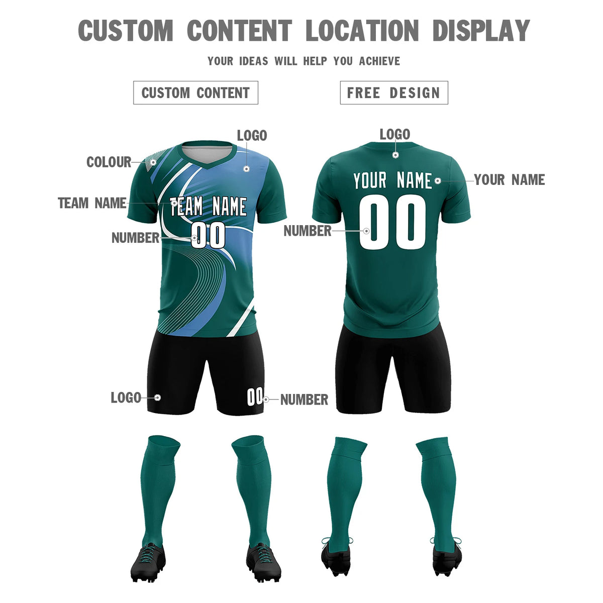 Custom Midnight Green White-Light Blue Casual Printing Sportswear Soccer Sets Jersey