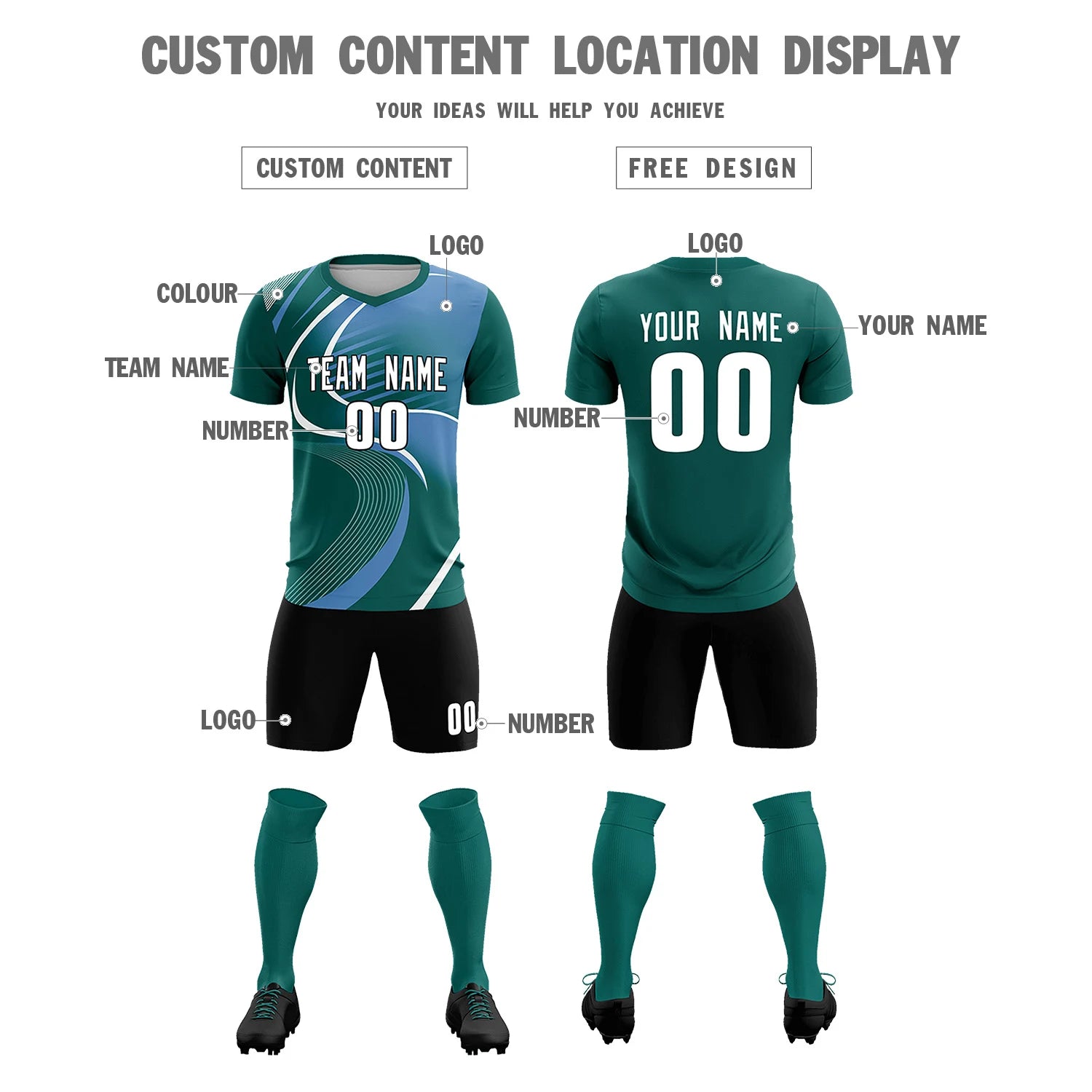 Custom Midnight Green White-Light Blue Casual Printing Sportswear Soccer Sets Jersey