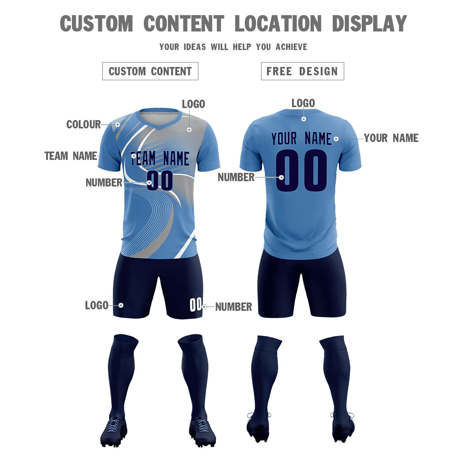 Custom Light Blue White-Gray Casual Printing Sportswear Soccer Sets Jersey