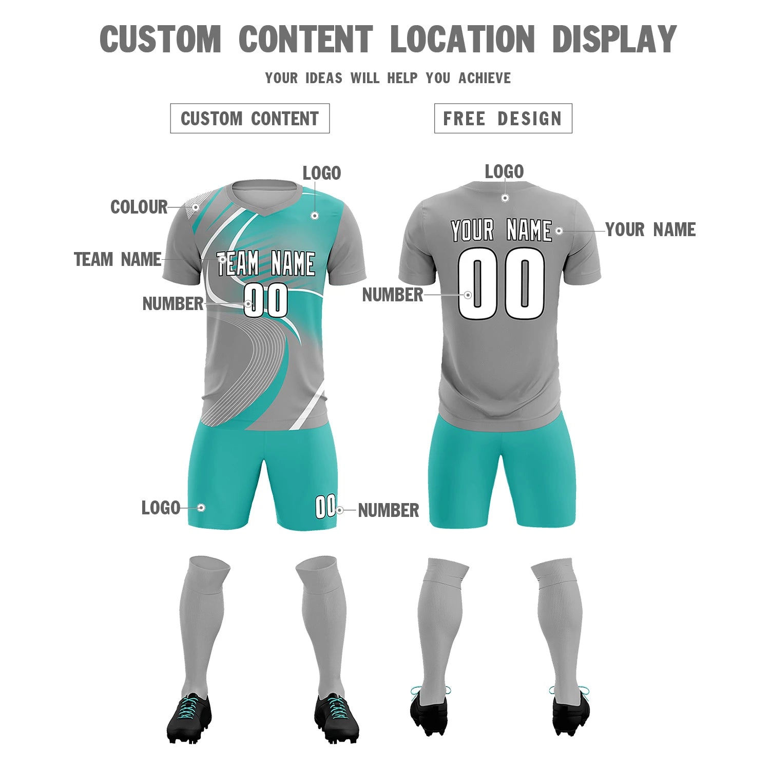 Custom Gray White-Bright Green Casual Printing Sportswear Soccer Sets Jersey