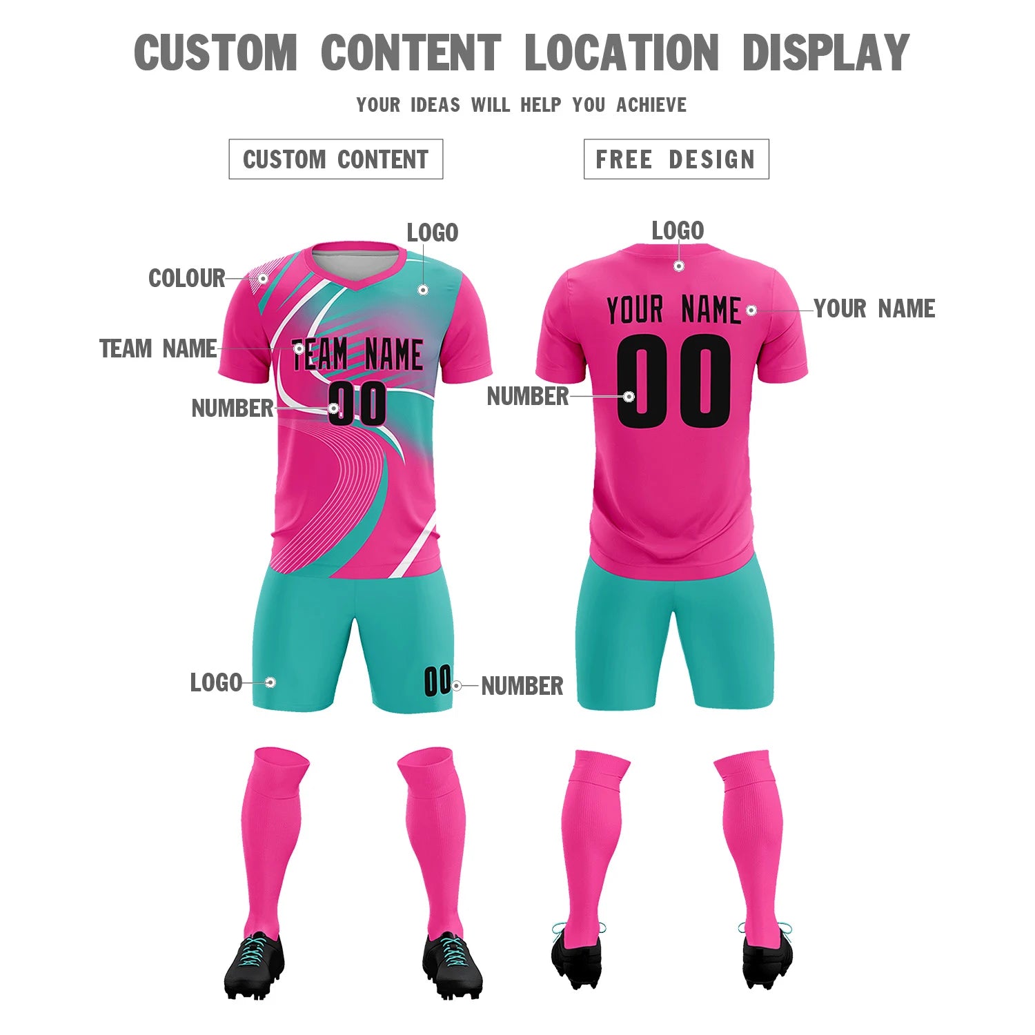 Custom Pink White-Bright Green Casual Printing Sportswear Soccer Sets Jersey