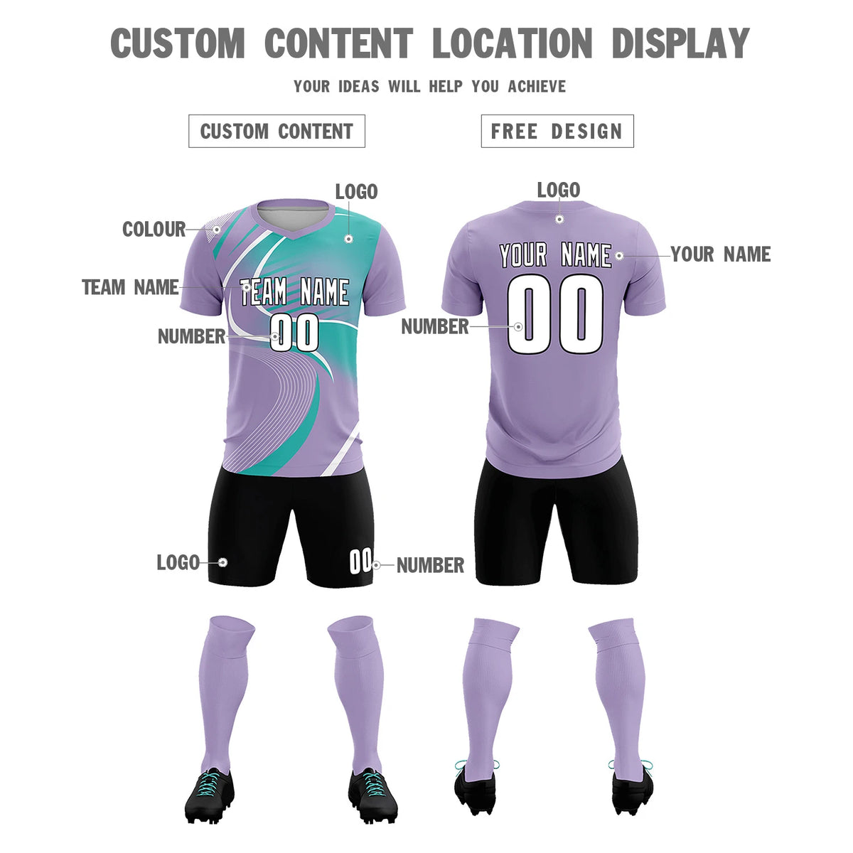 Custom Light Purple White-Bright Green Casual Printing Sportswear Soccer Sets Jersey