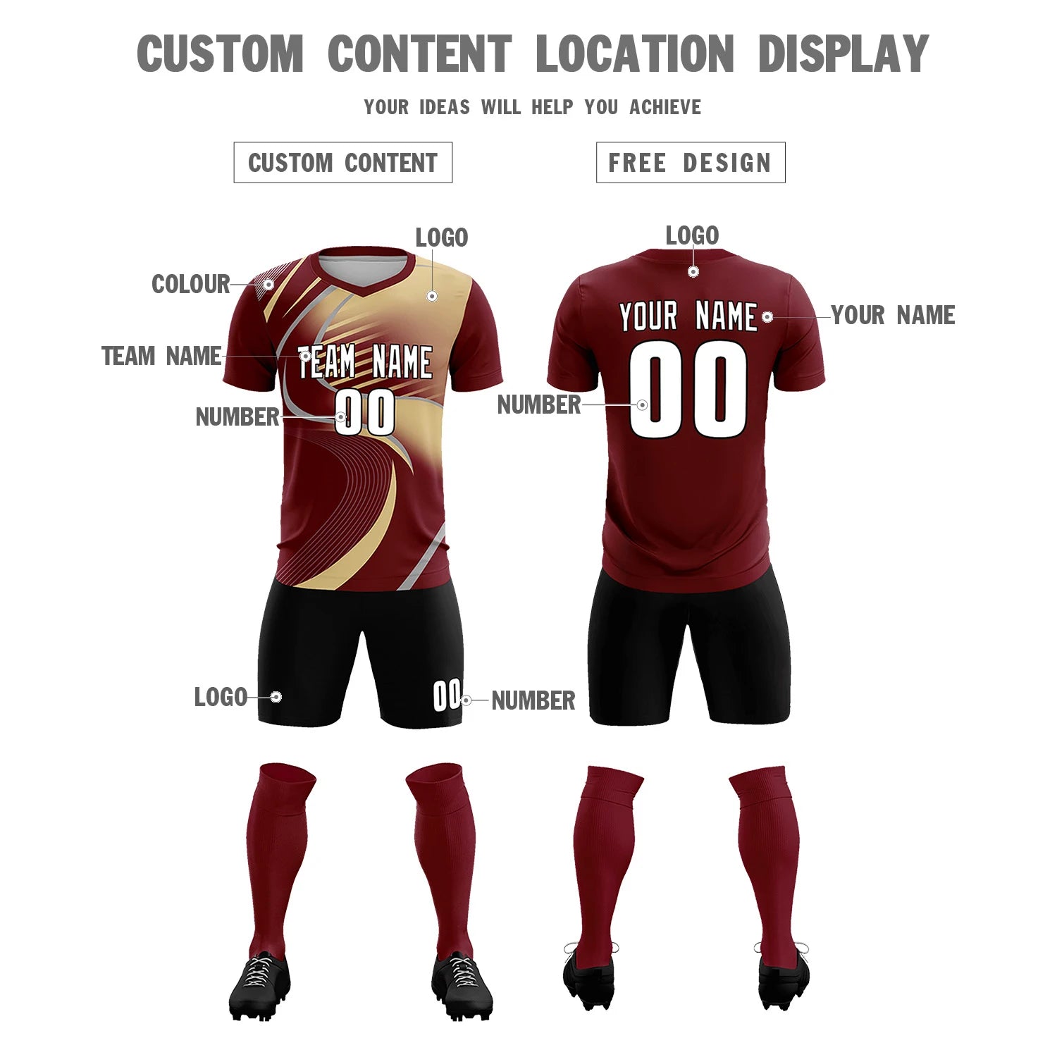 Custom Crimson Gray-Khaki Casual Printing Sportswear Soccer Sets Jersey