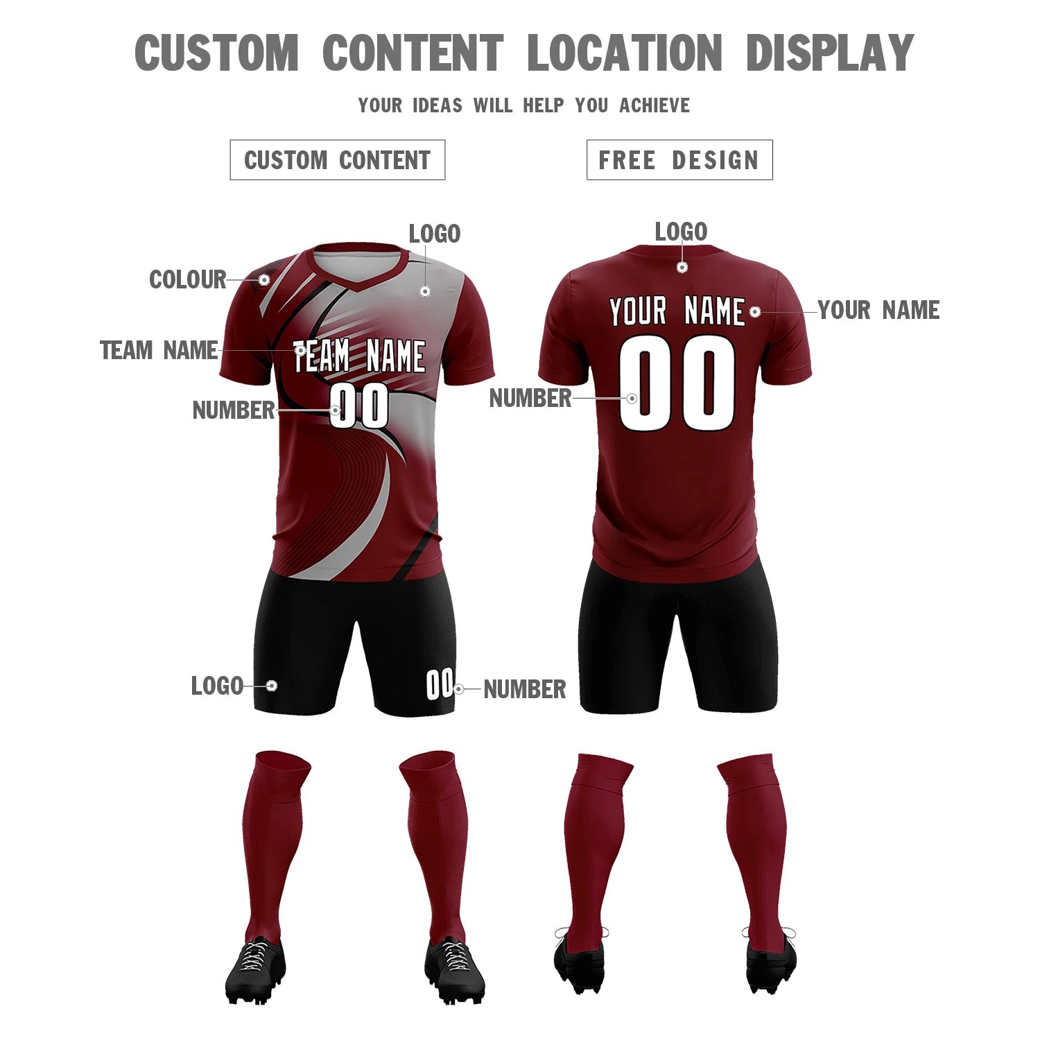 Custom Crimson Black-Gray Casual Printing Sportswear Soccer Sets Jersey