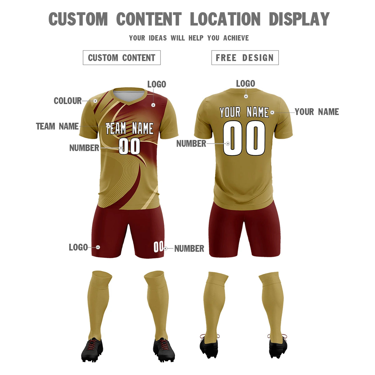 Custom Old Gold Khaki-Crimson Casual Printing Sportswear Soccer Sets Jersey