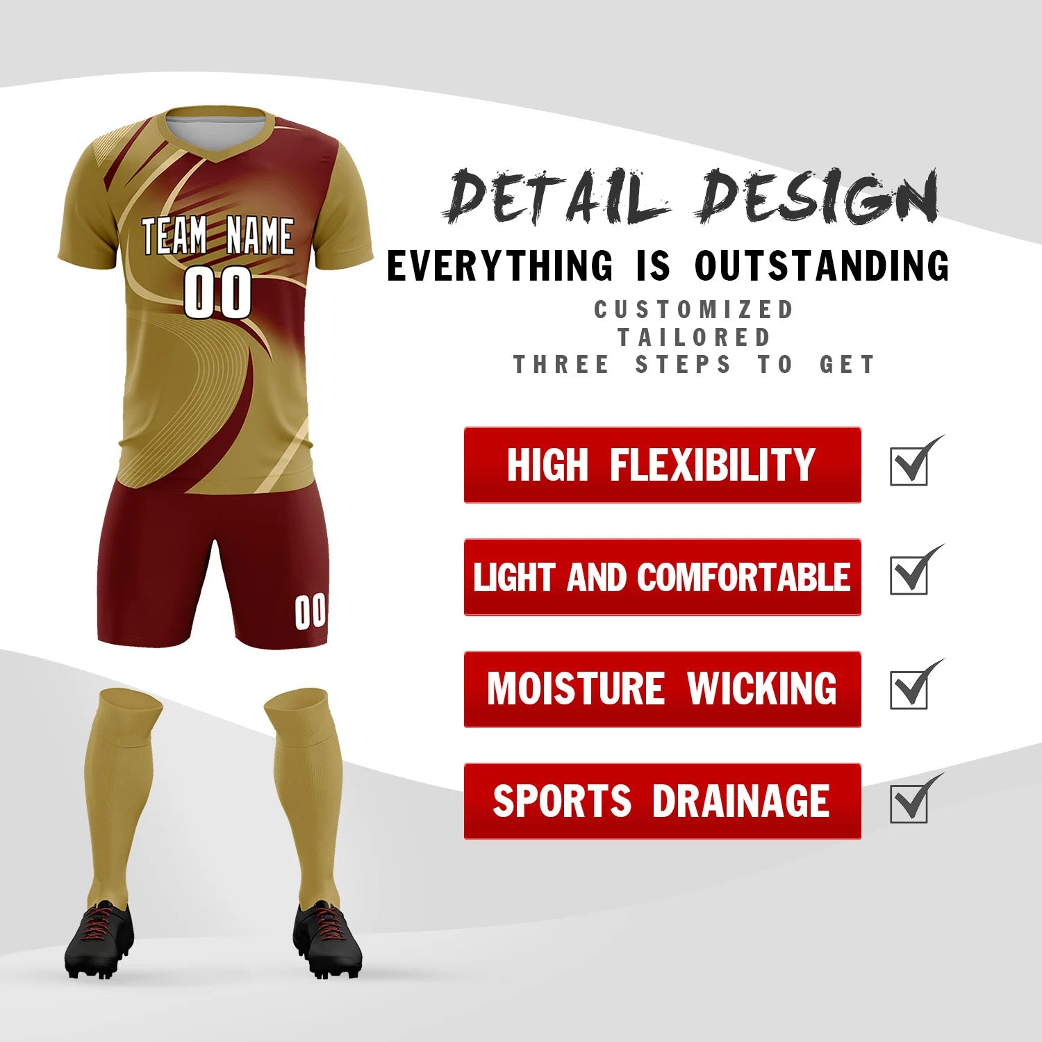 Custom Old Gold Khaki-Crimson Casual Printing Sportswear Soccer Sets Jersey