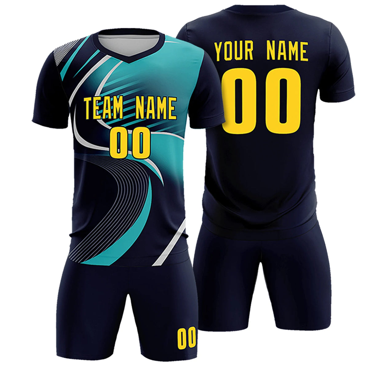 Custom Navy Gray-Aqua Casual Printing Sportswear Soccer Sets Jersey
