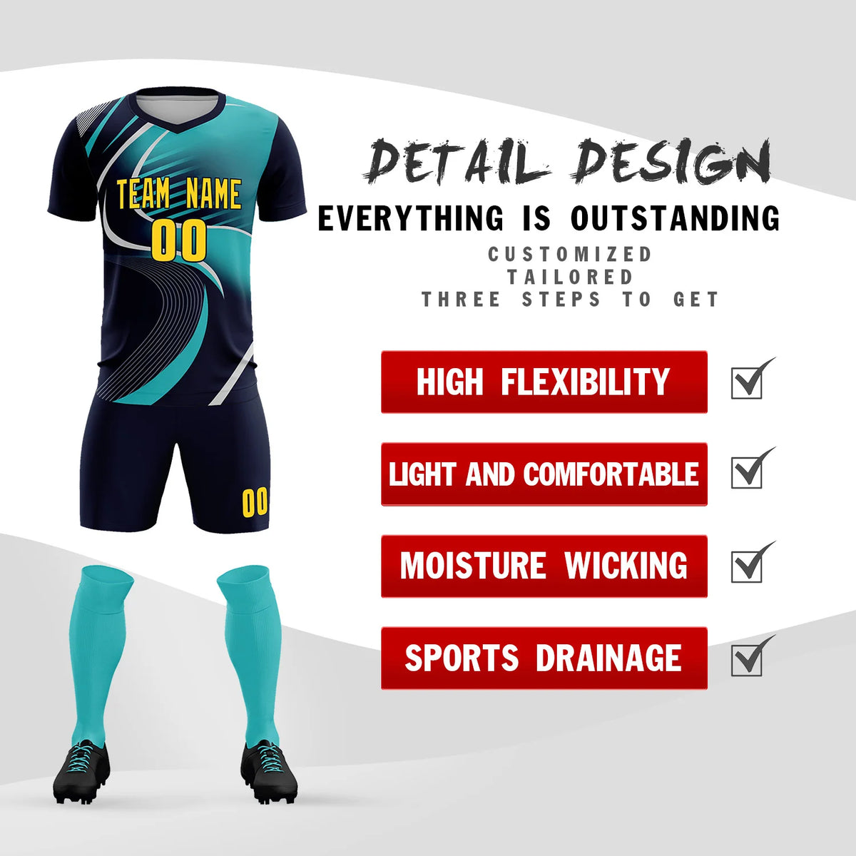Custom Navy Gray-Aqua Casual Printing Sportswear Soccer Sets Jersey