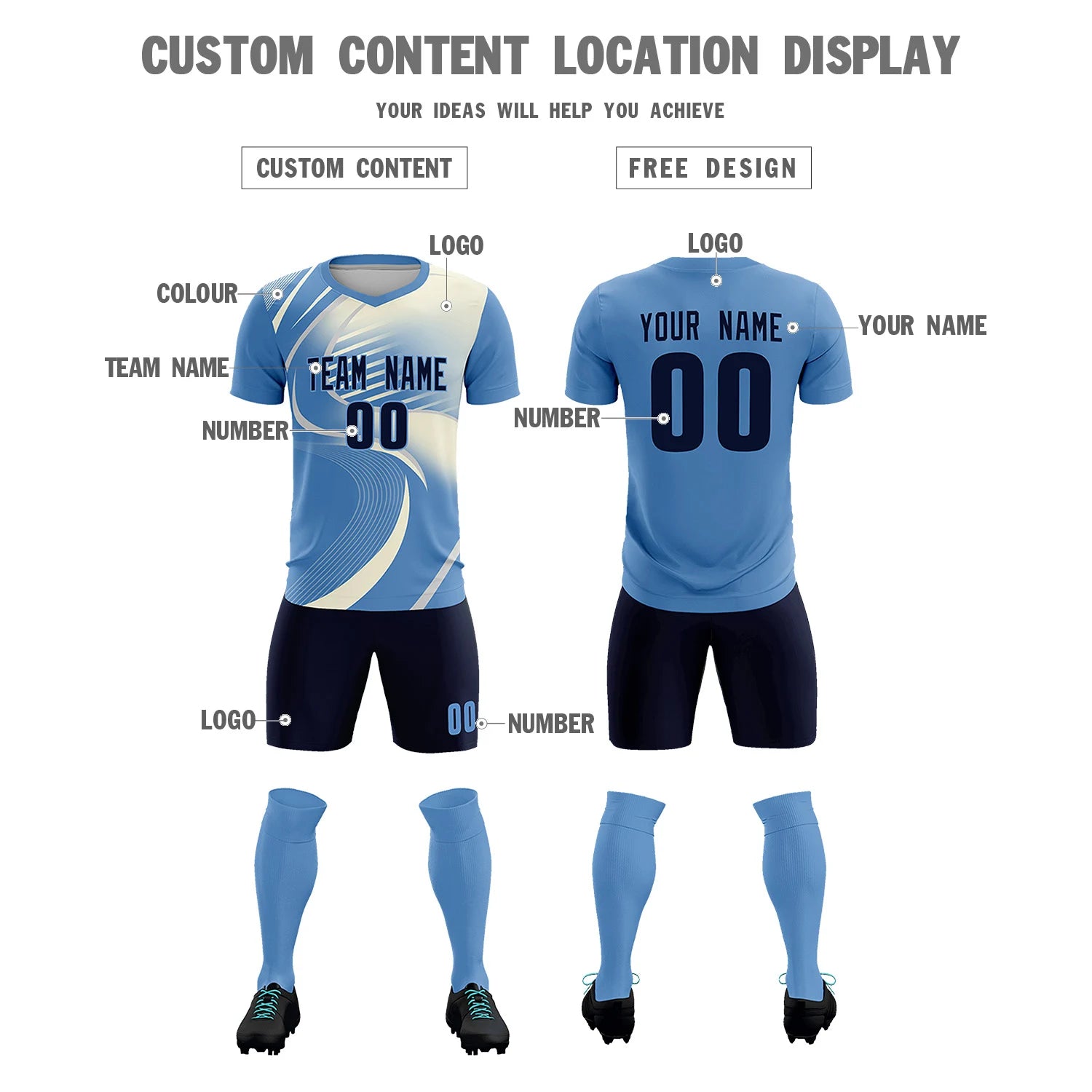 Custom Light Blue Gray-Khaki Casual Printing Sportswear Soccer Sets Jersey