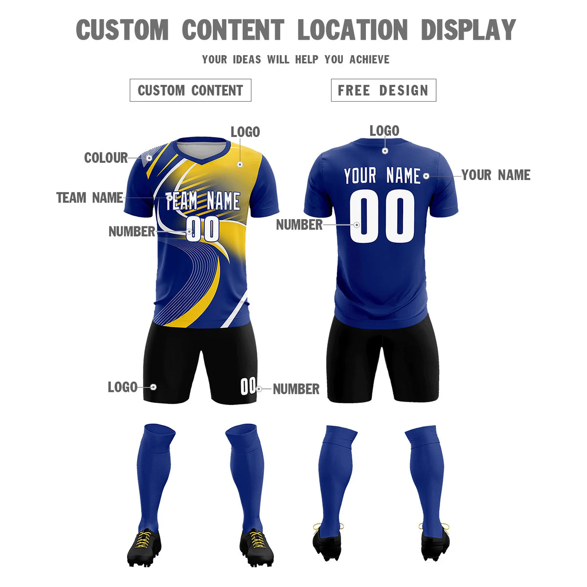 Custom Royal Blue White-Gold01 Casual Printing Sportswear Soccer Sets Jersey