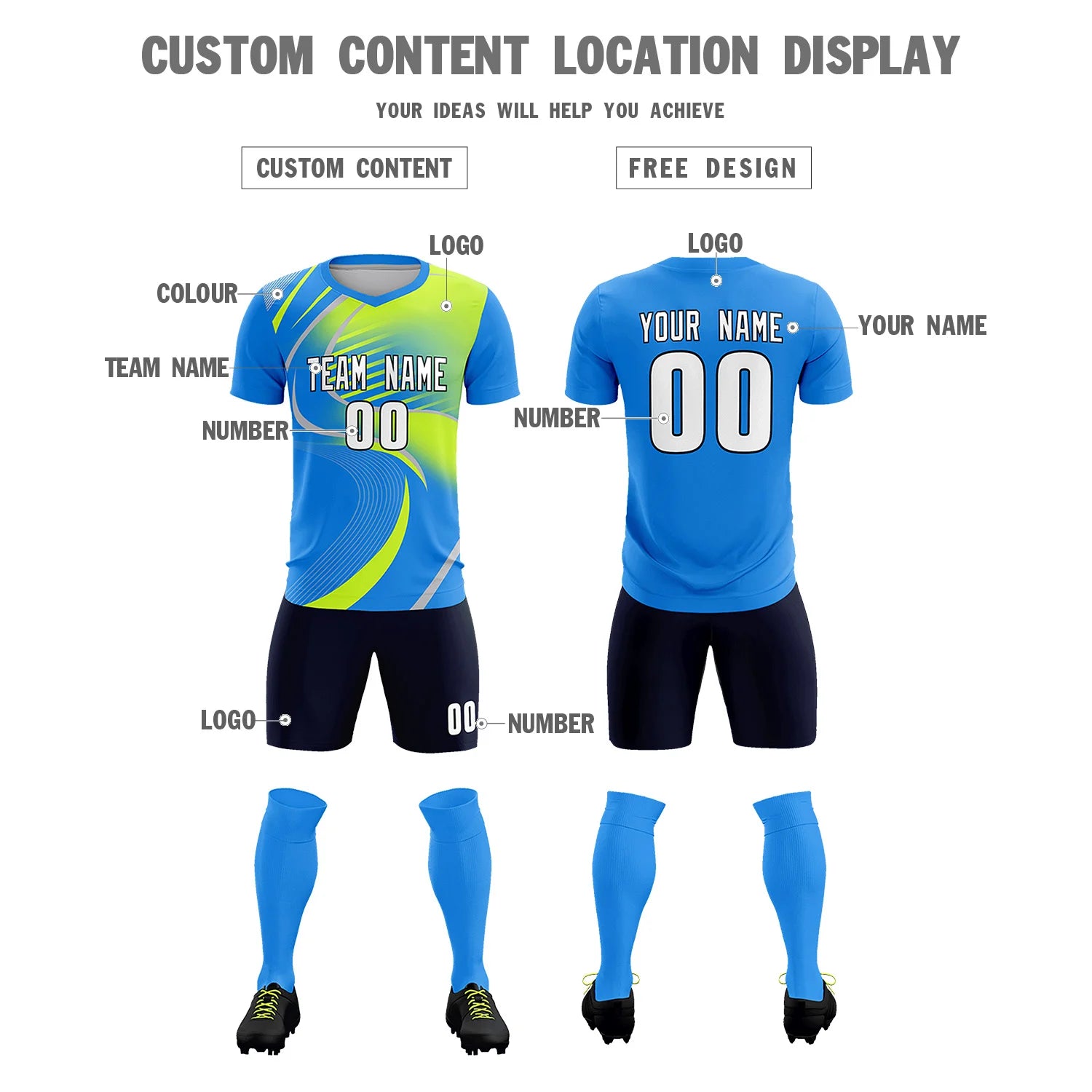 Custom Powder Blue Gray-Neon Green Casual Printing Sportswear Soccer Sets Jersey