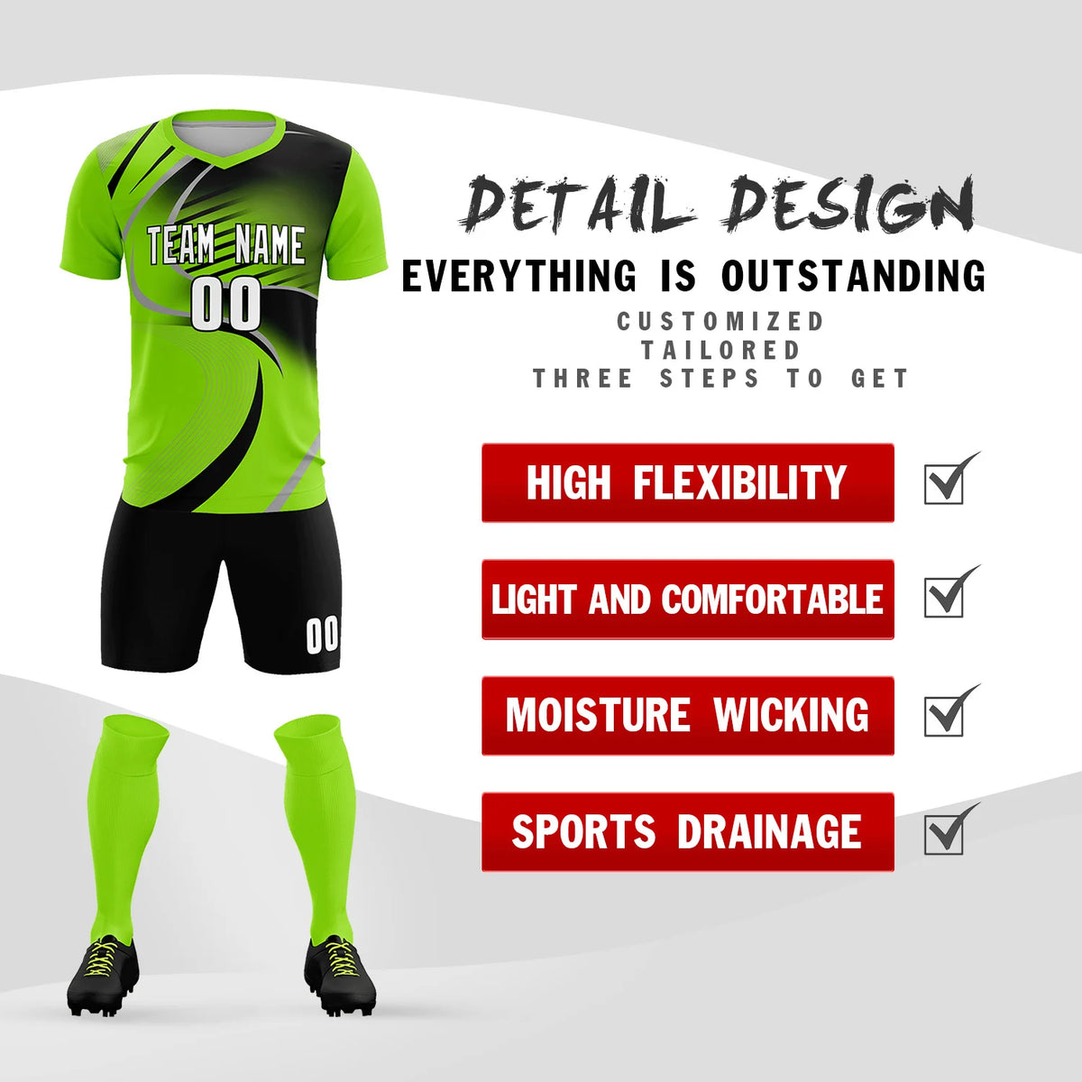 Custom Neon Green Gray-Black Casual Printing Sportswear Soccer Sets Jersey
