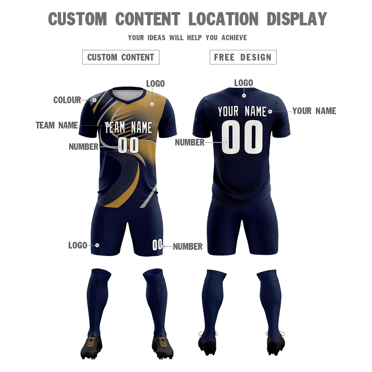 Custom Navy Gray-Old Gold Casual Printing Sportswear Soccer Sets Jersey