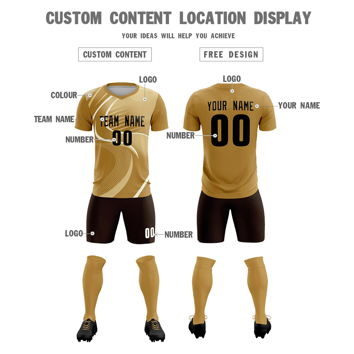 Custom Old Gold Khaki-Khaki Casual Printing Sportswear Soccer Sets Jersey