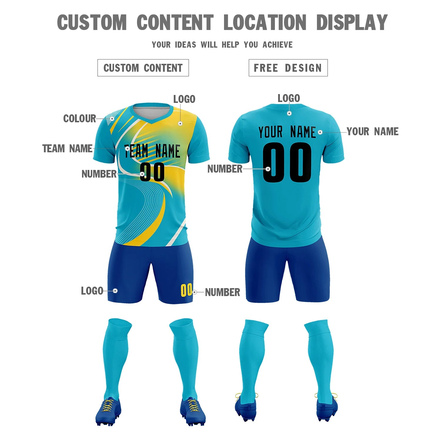 Custom Aqua Black-Gold01 Casual Printing Sportswear Soccer Sets Jersey