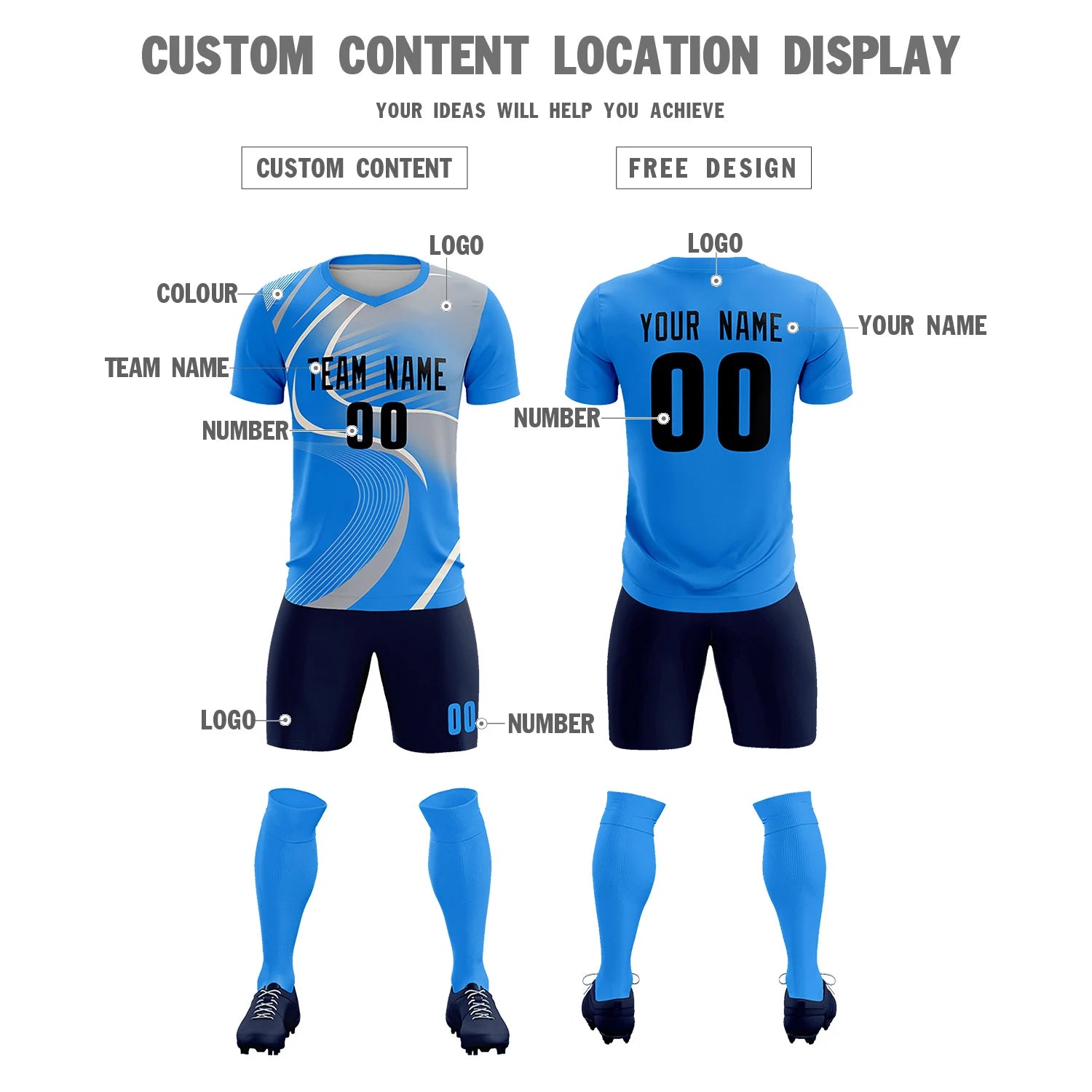 Custom Powder Blue White-Gray Casual Printing Sportswear Soccer Sets Jersey