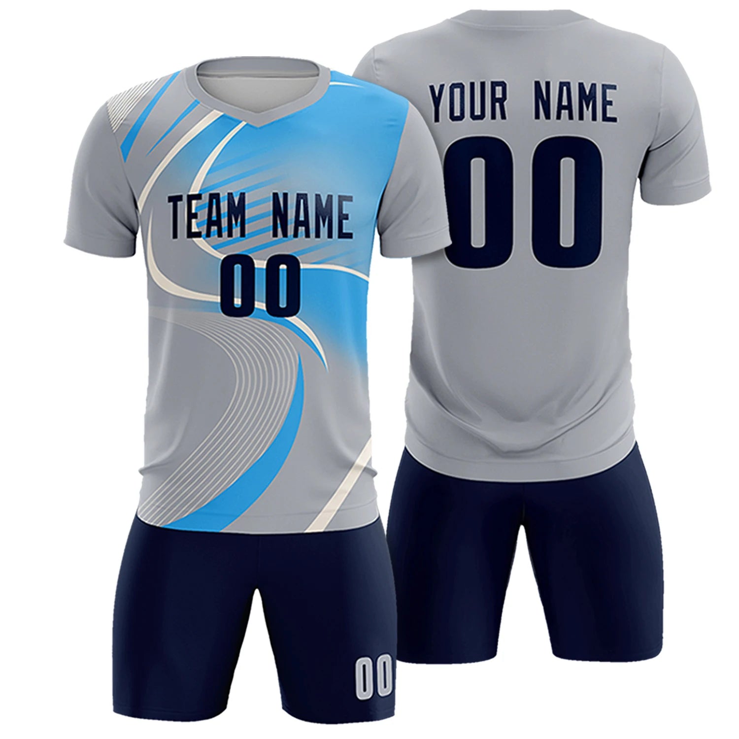 Custom Gray White-Powder Blue Casual Printing Sportswear Soccer Sets Jersey