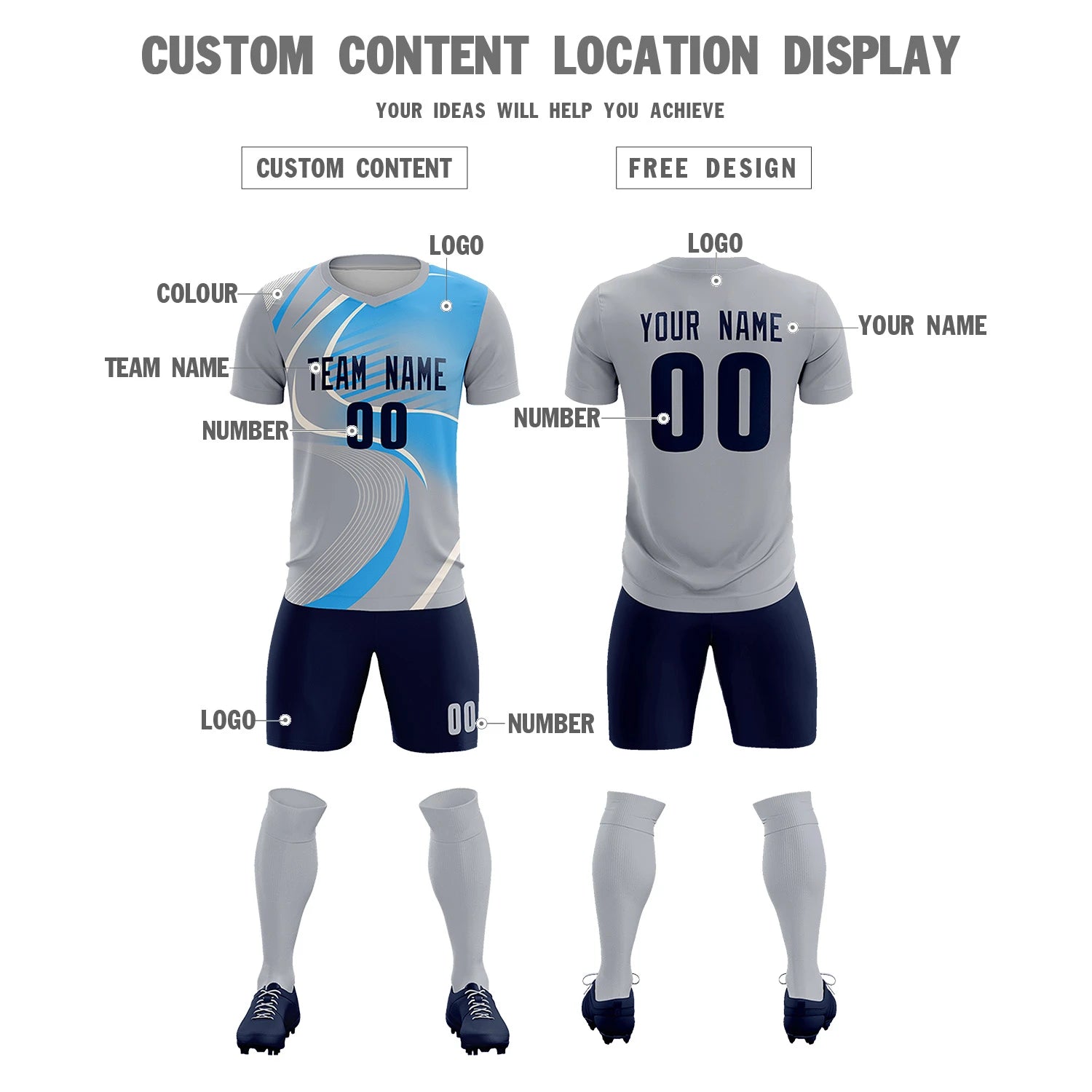 Custom Gray White-Powder Blue Casual Printing Sportswear Soccer Sets Jersey