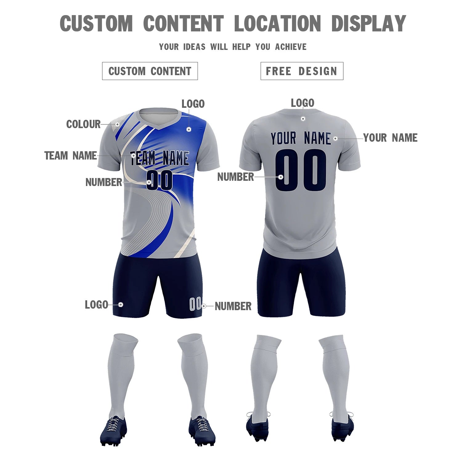 Custom Gray White-Royal Blue Casual Printing Sportswear Soccer Sets Jersey