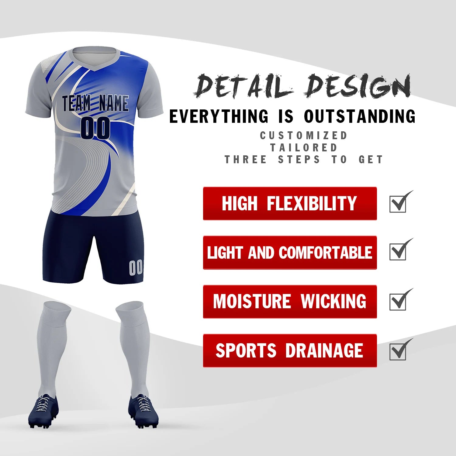 Custom Gray White-Royal Blue Casual Printing Sportswear Soccer Sets Jersey