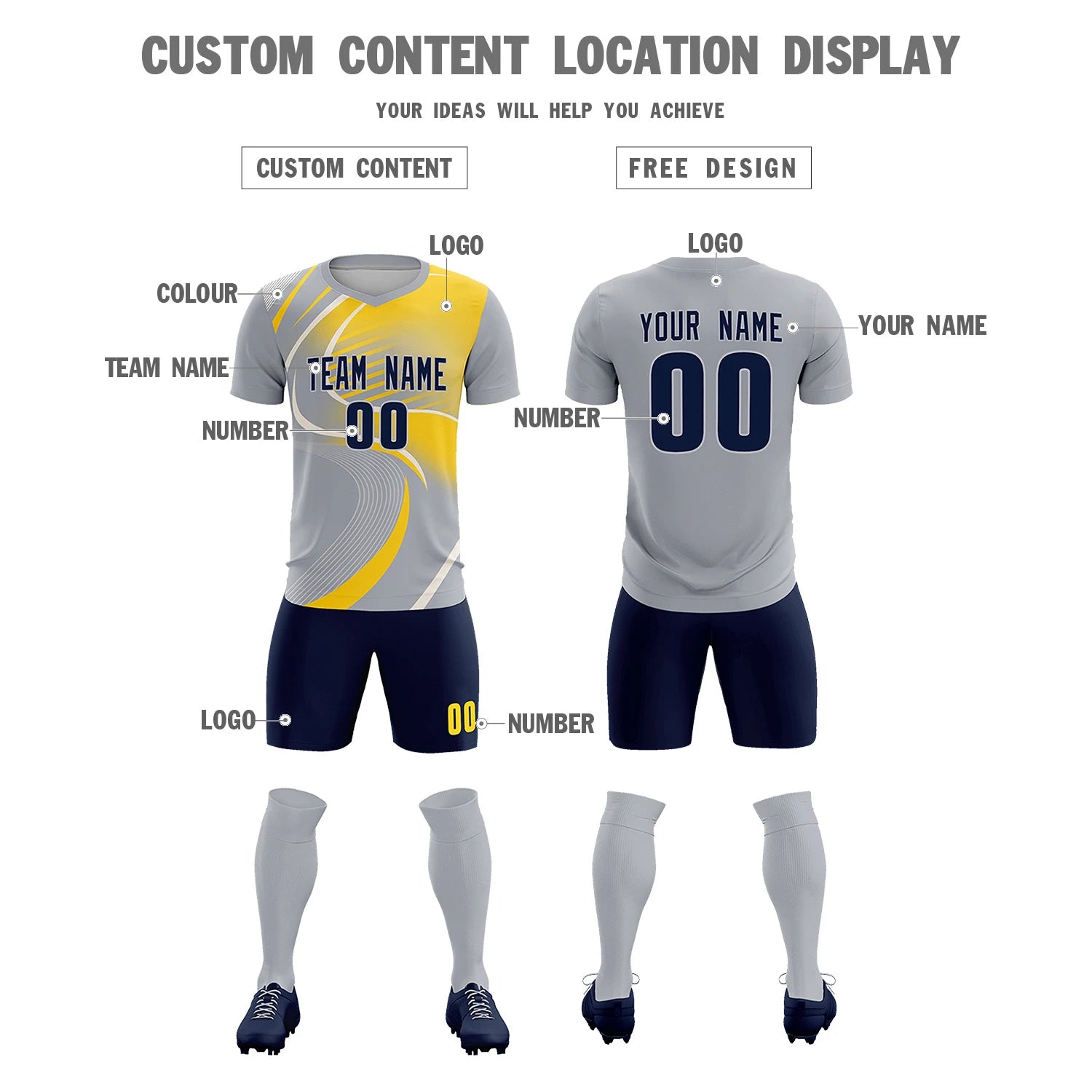 Custom Gray White-Gold01 Casual Printing Sportswear Soccer Sets Jersey