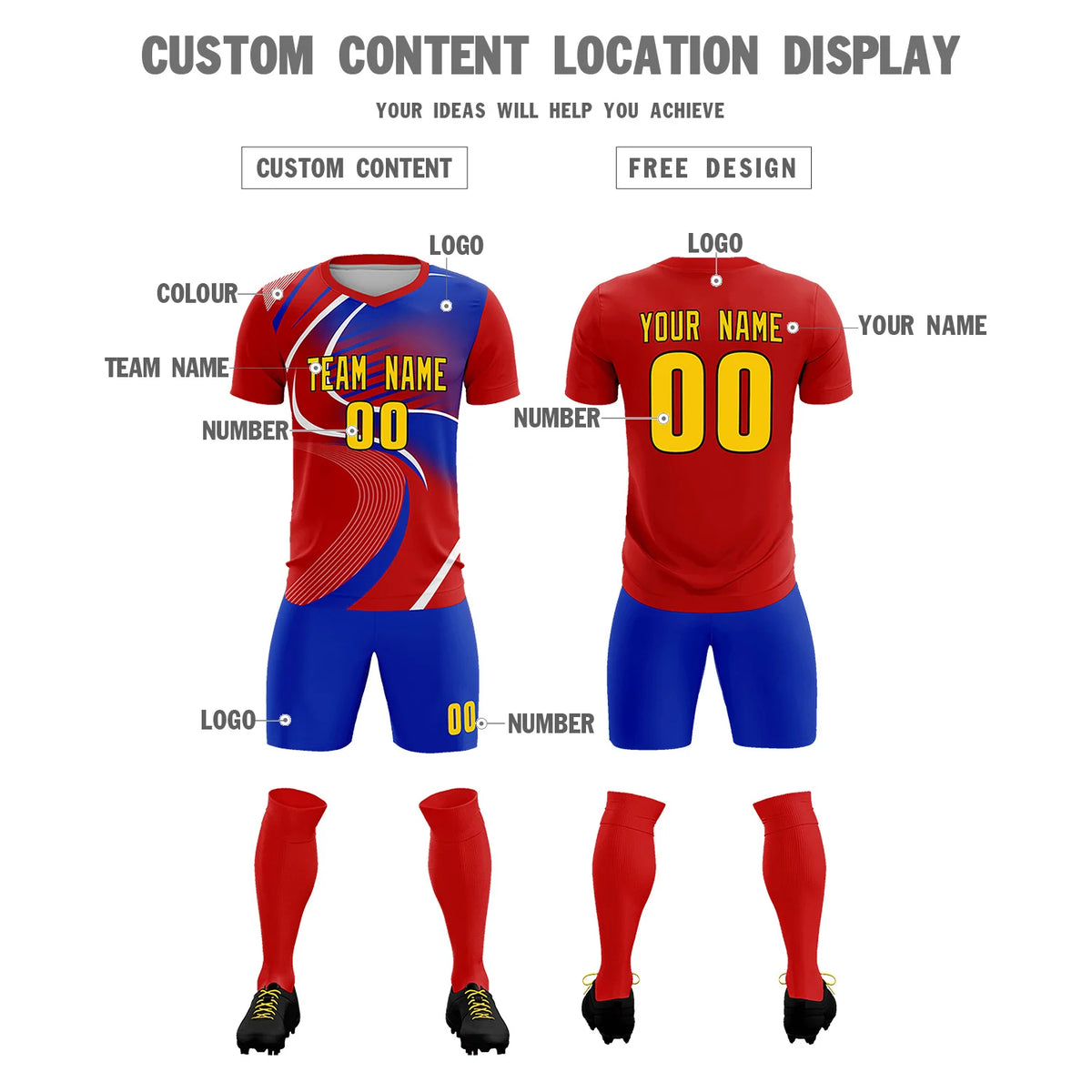 Custom Red White-Royal Blue Casual Printing Sportswear Soccer Sets Jersey