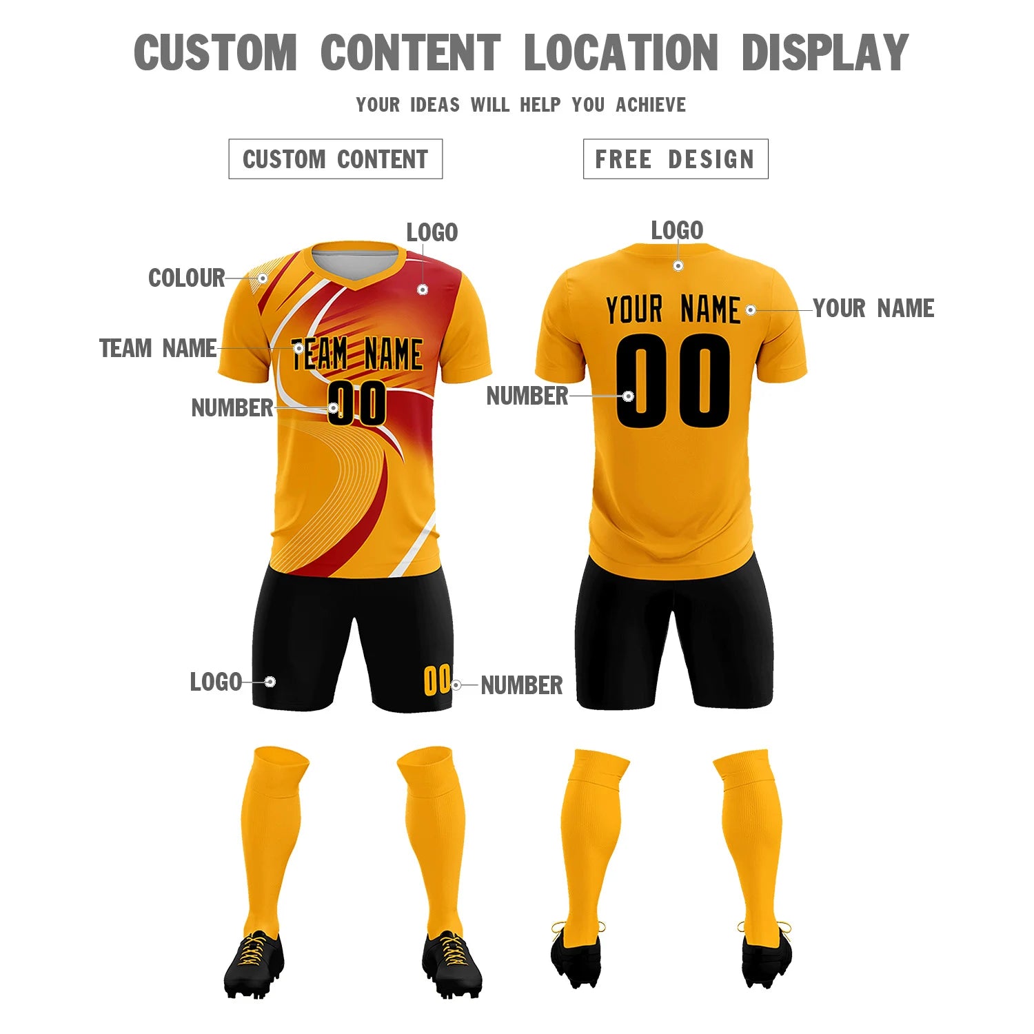 Custom Yellow White-Red Casual Printing Sportswear Soccer Sets Jersey