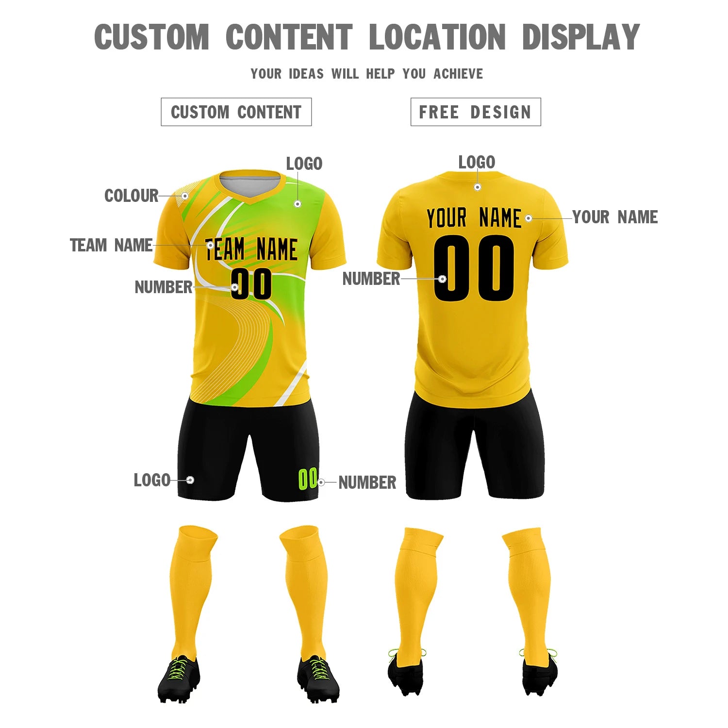 Custom Gold01 White-Neon Green Casual Printing Sportswear Soccer Sets Jersey