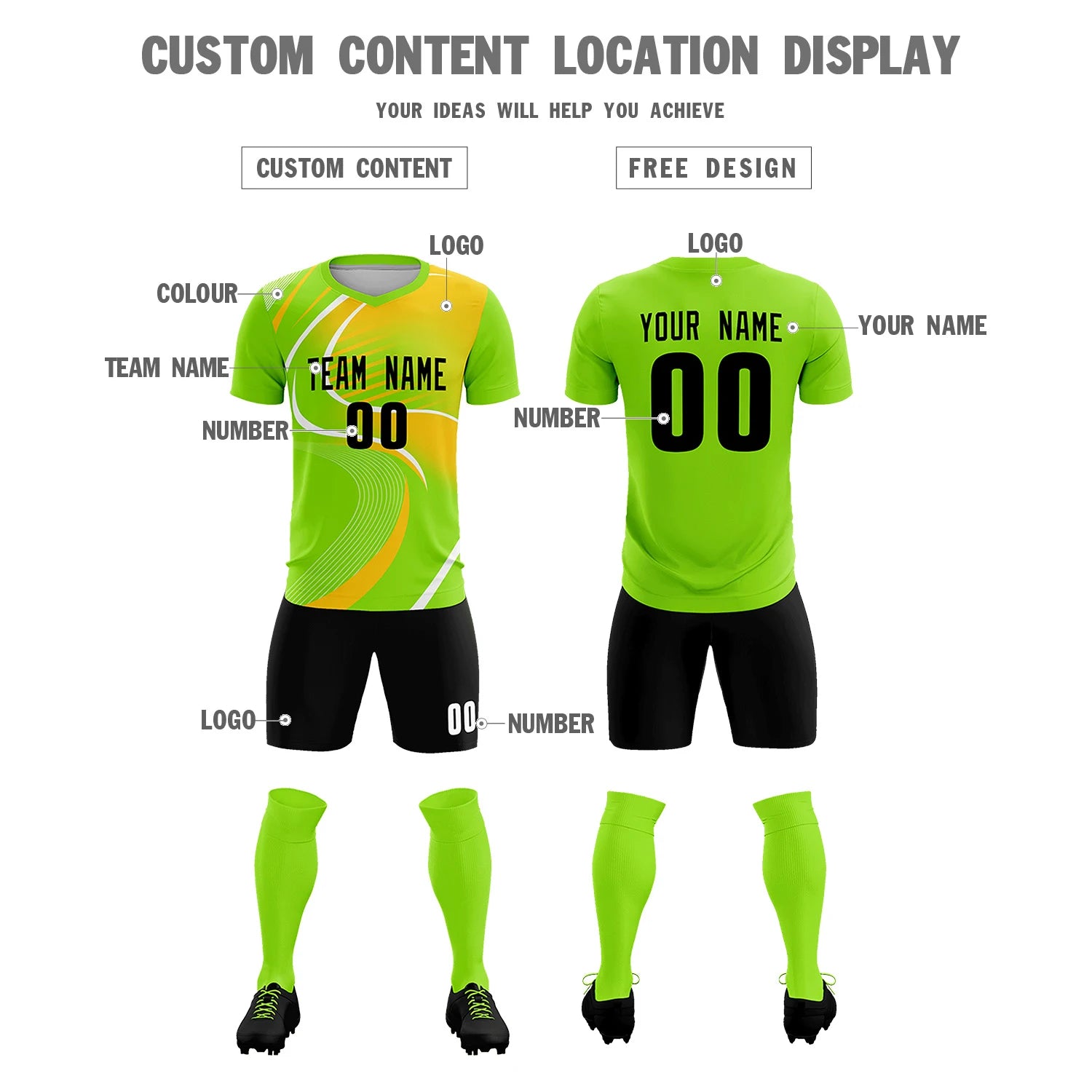 Custom Neon Green White-Gold01 Casual Printing Sportswear Soccer Sets Jersey