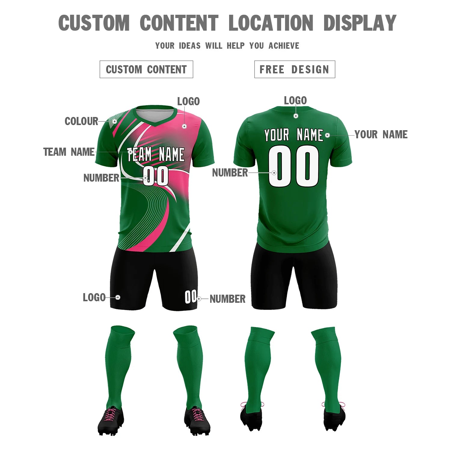 Custom Kelly Green White-Pink Casual Printing Sportswear Soccer Sets Jersey
